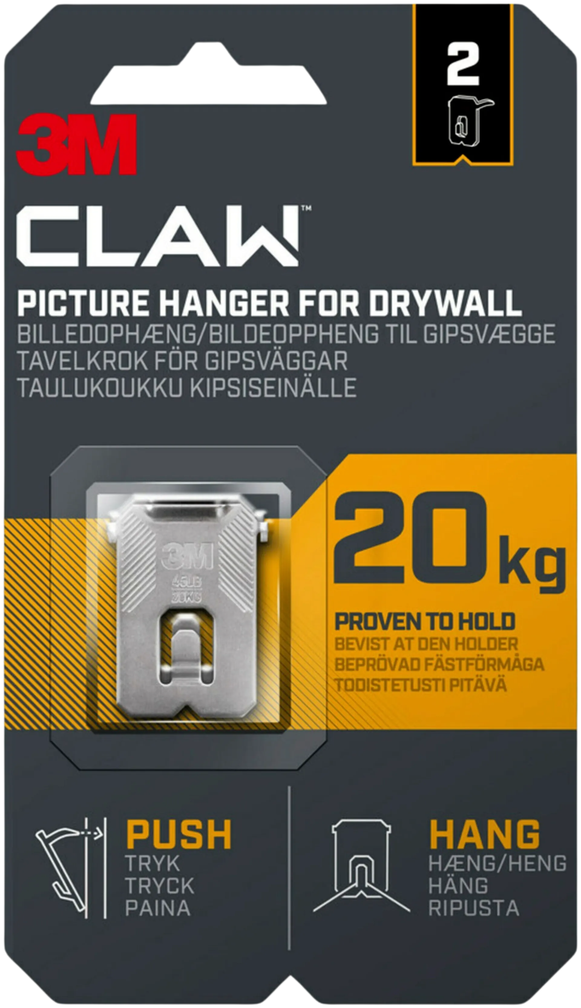 3M CLAW™-taulukoukku kipsilevylle, 20 kg 3PH20-2UKN, 2 ripustuskoukkua - 1
