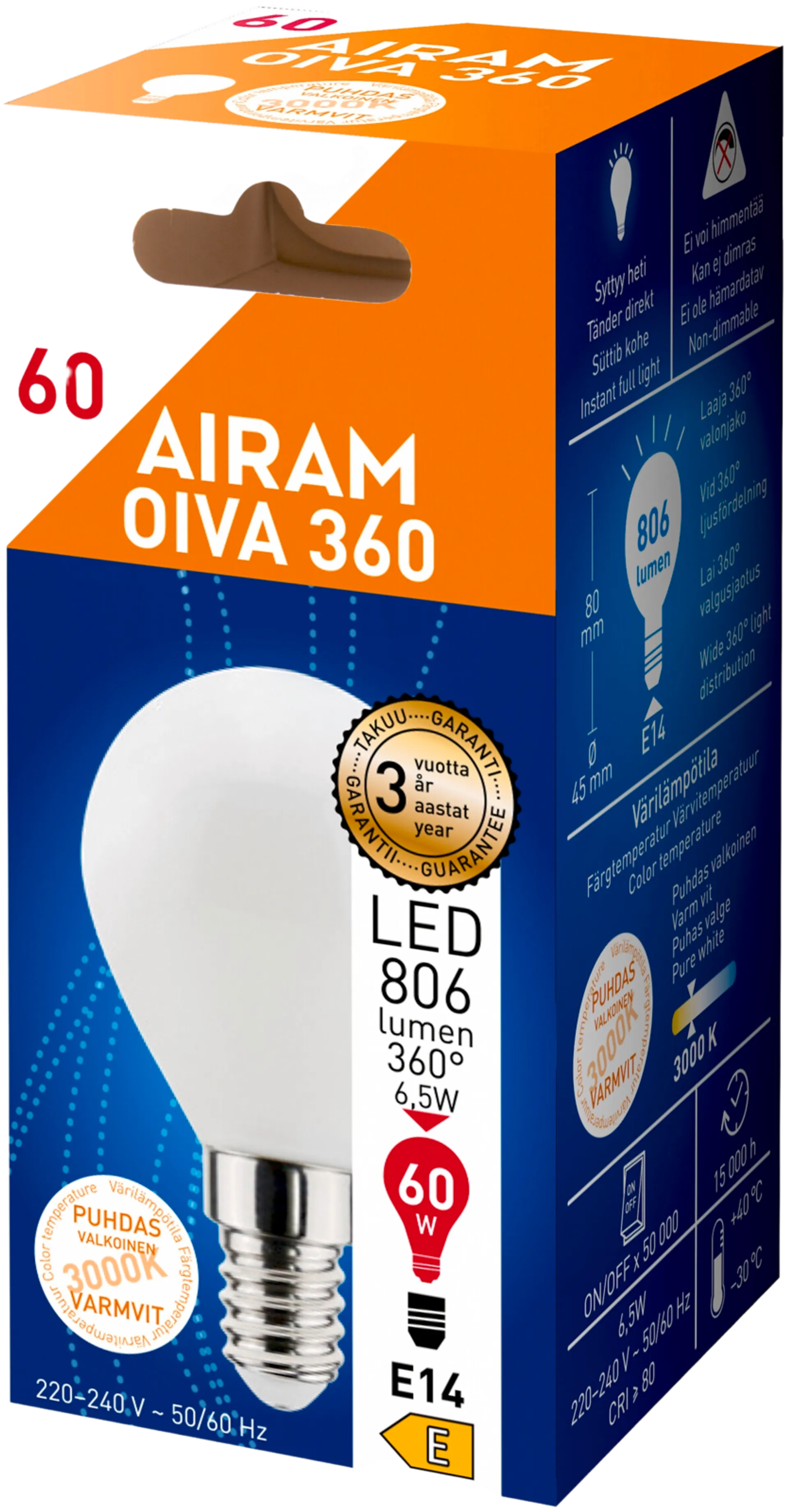 Airam LED OIVA Mainos 6W 806lm 3000K E14 - 2