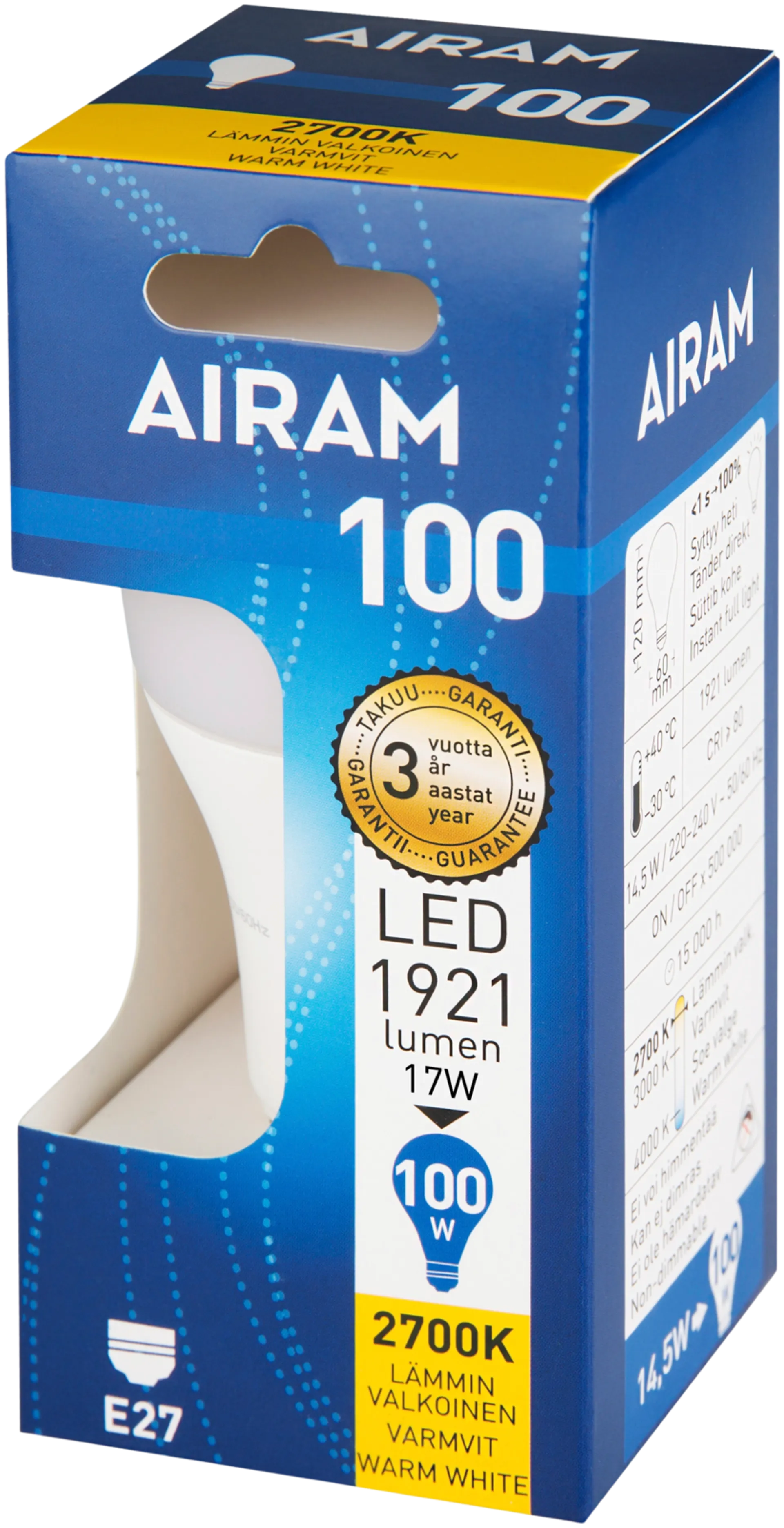 Airam LED 17W vakiolamppu opaali E27 1921lm 2700K