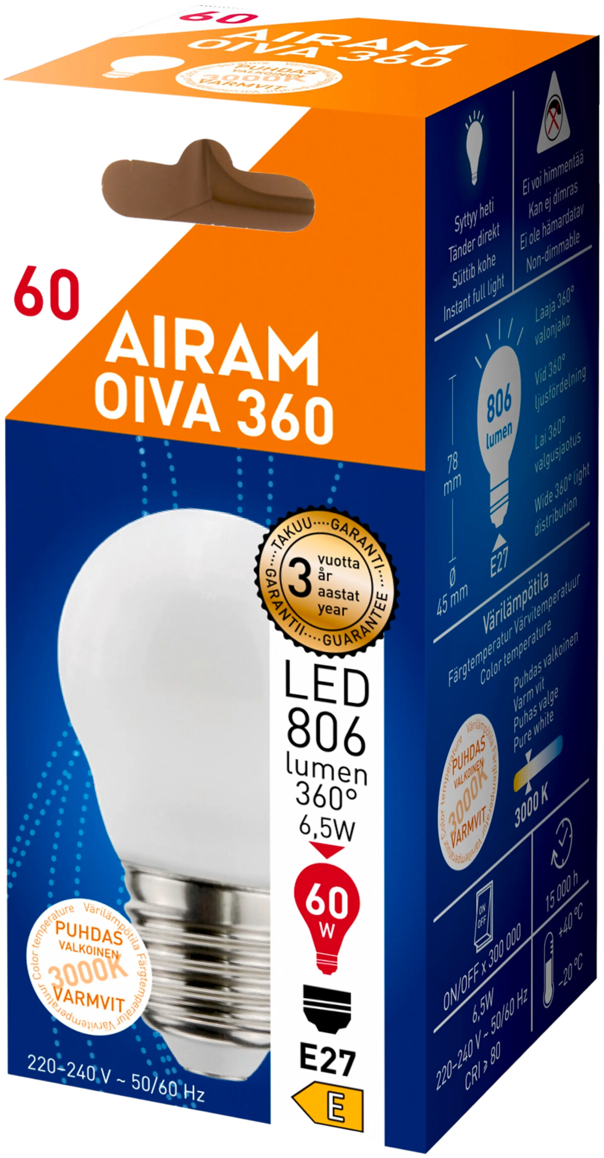 Airam LED OIVA Korist 6W 806lm 3000K E27 - 2
