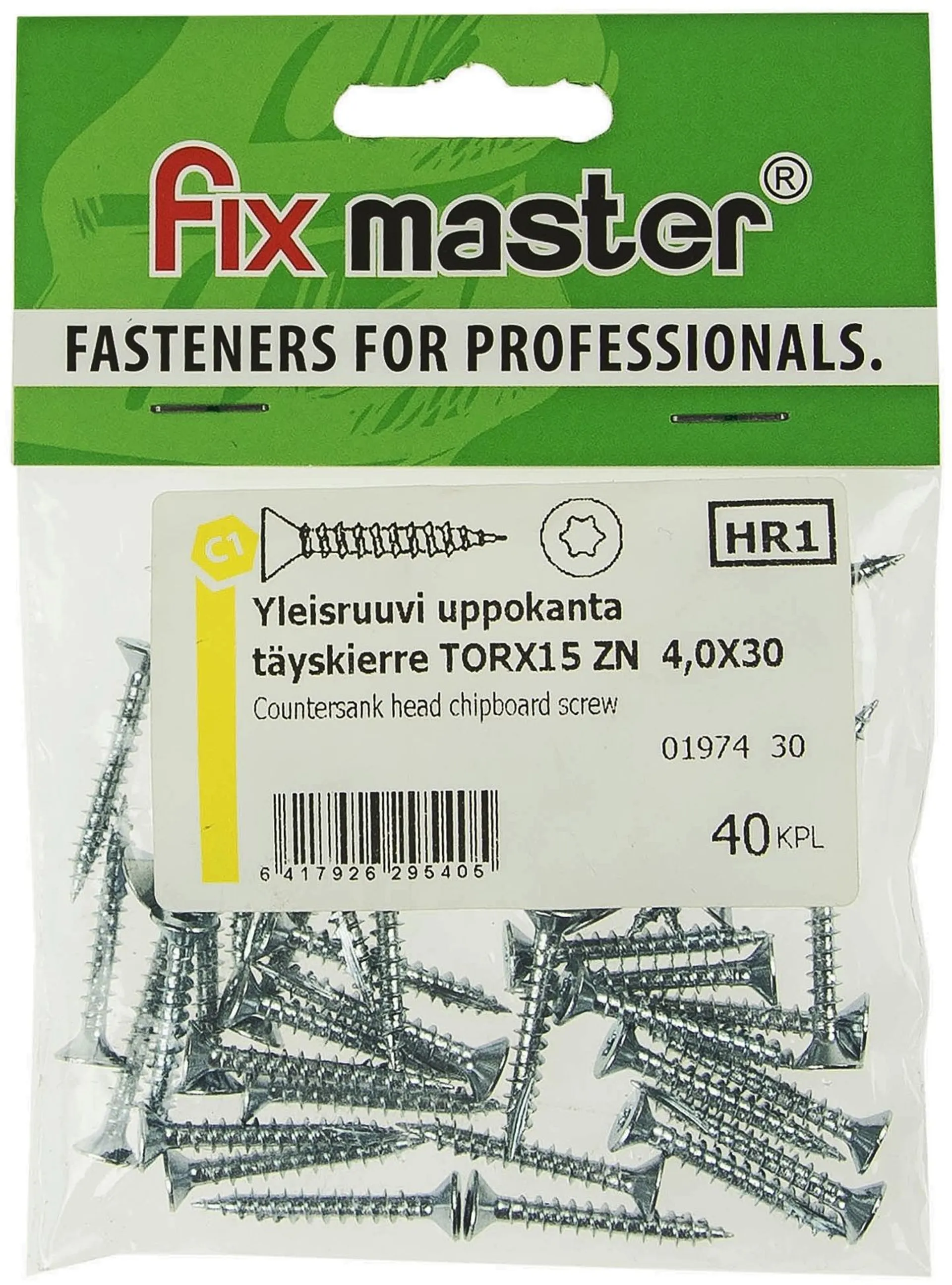 Fix Master yleisruuvi uppokanta täyskierre torx15 4,0X30 sinkitty 40kpl