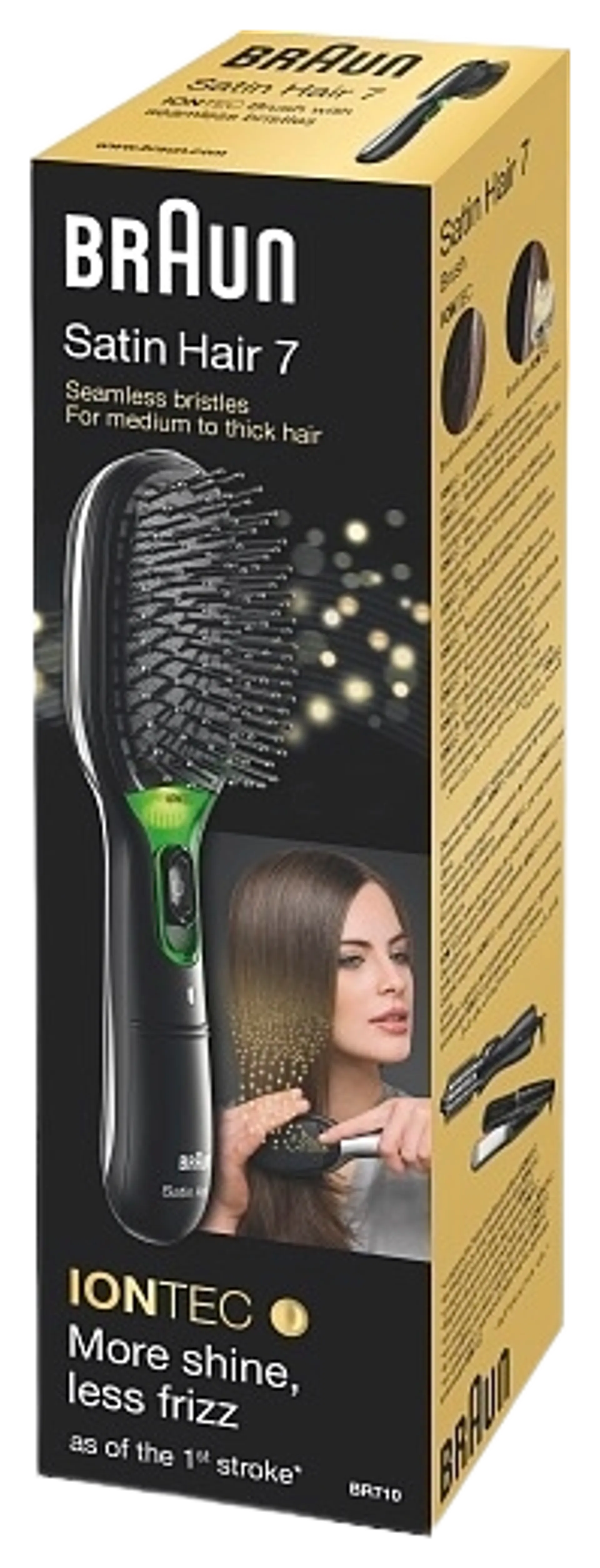 BRAUN HIUSHARJA - BR710 BLACK SATIN HAIR BRUSH SB 7 Satin Hair Brush IONTEC. Satin Brush -hiusharja, jonka IONTECH -järjestelmä vähentää staattisuutta ja kitkaa. Sisältää säilytyspussin. - 2