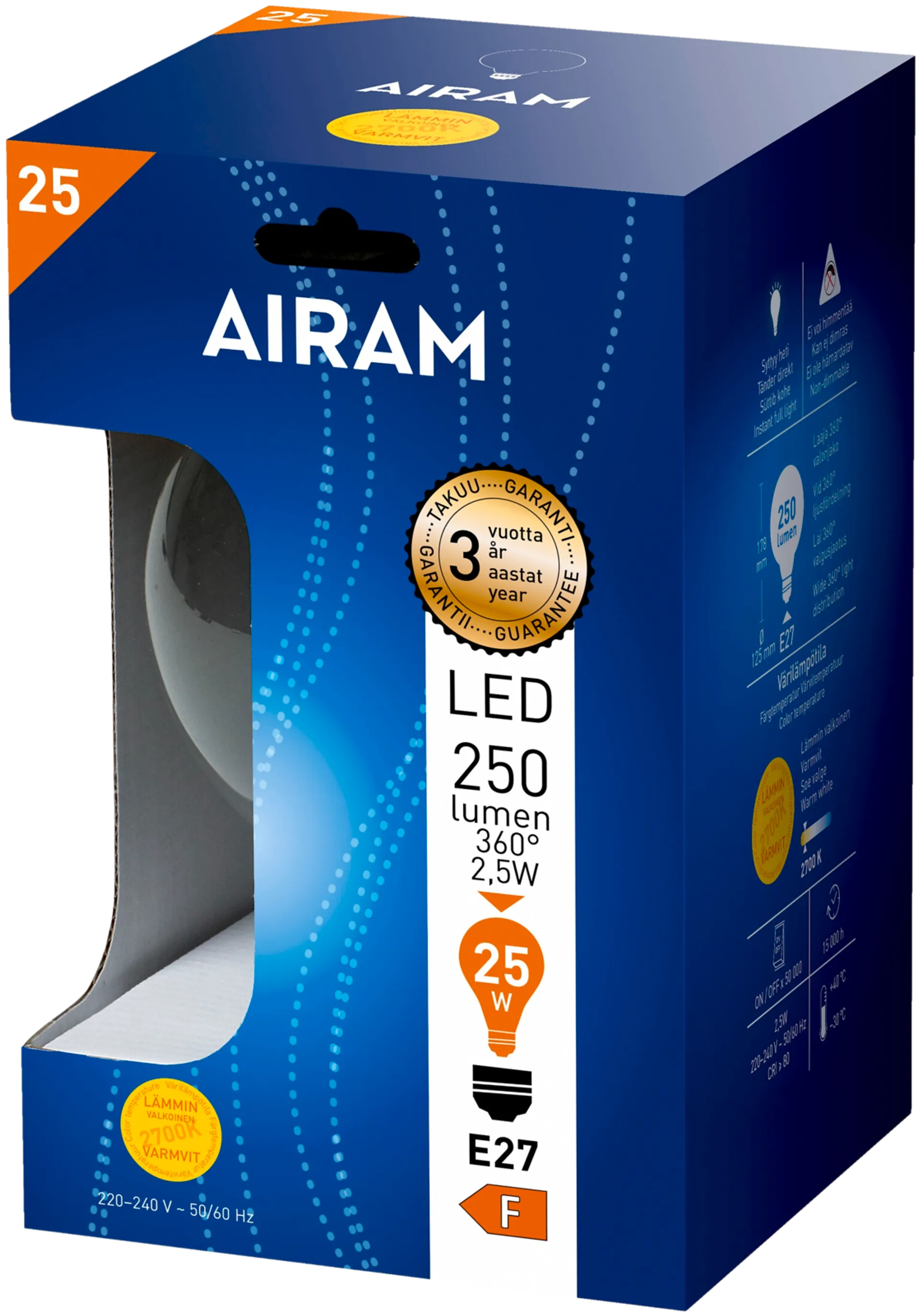 Airam LED 2,5W globe-125 filamentti E27 250lm 2700K - 2