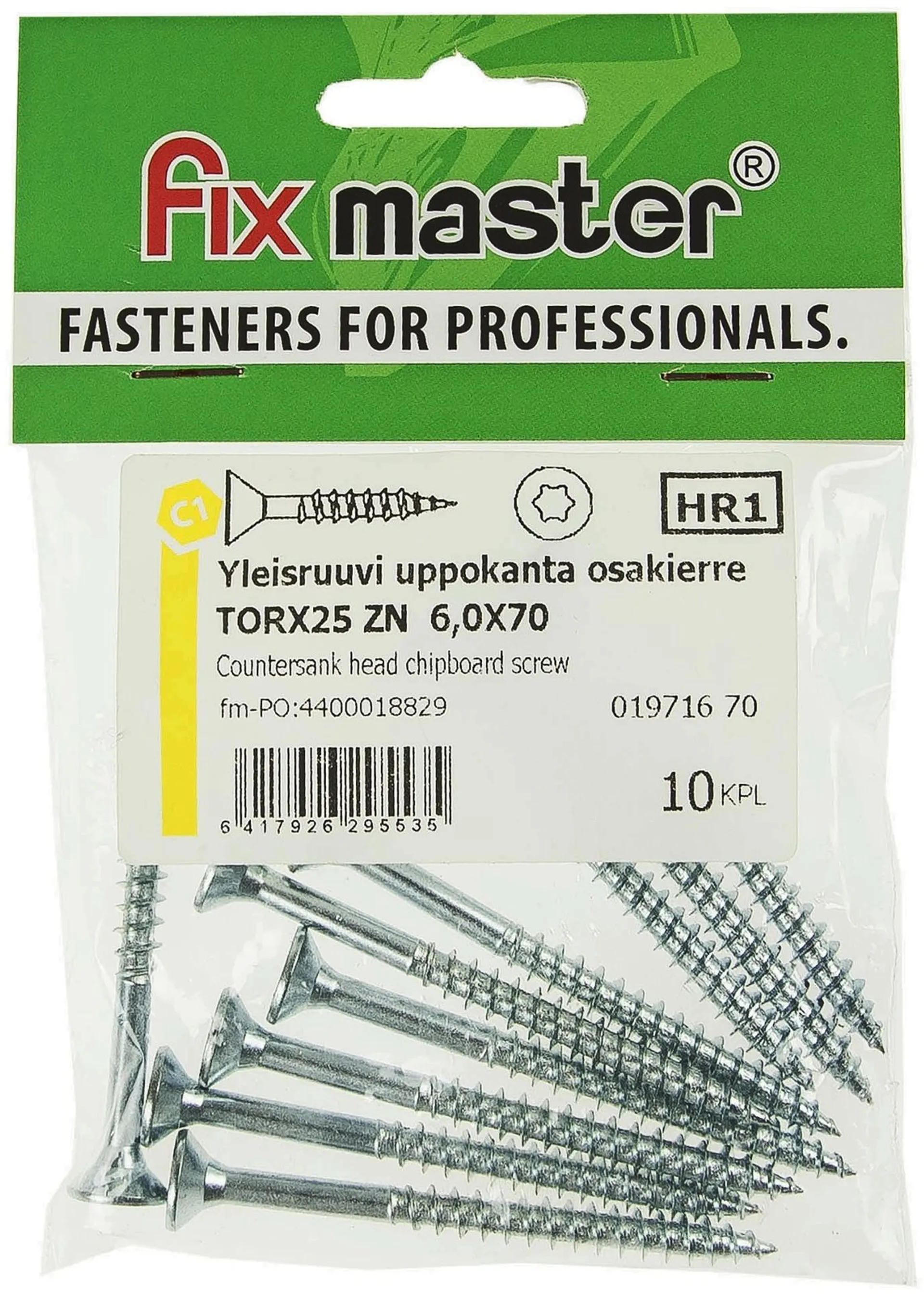 Fix Master yleisruuvi uppokanta osakierre 6X70 torx25 sinkitty 10 kpl