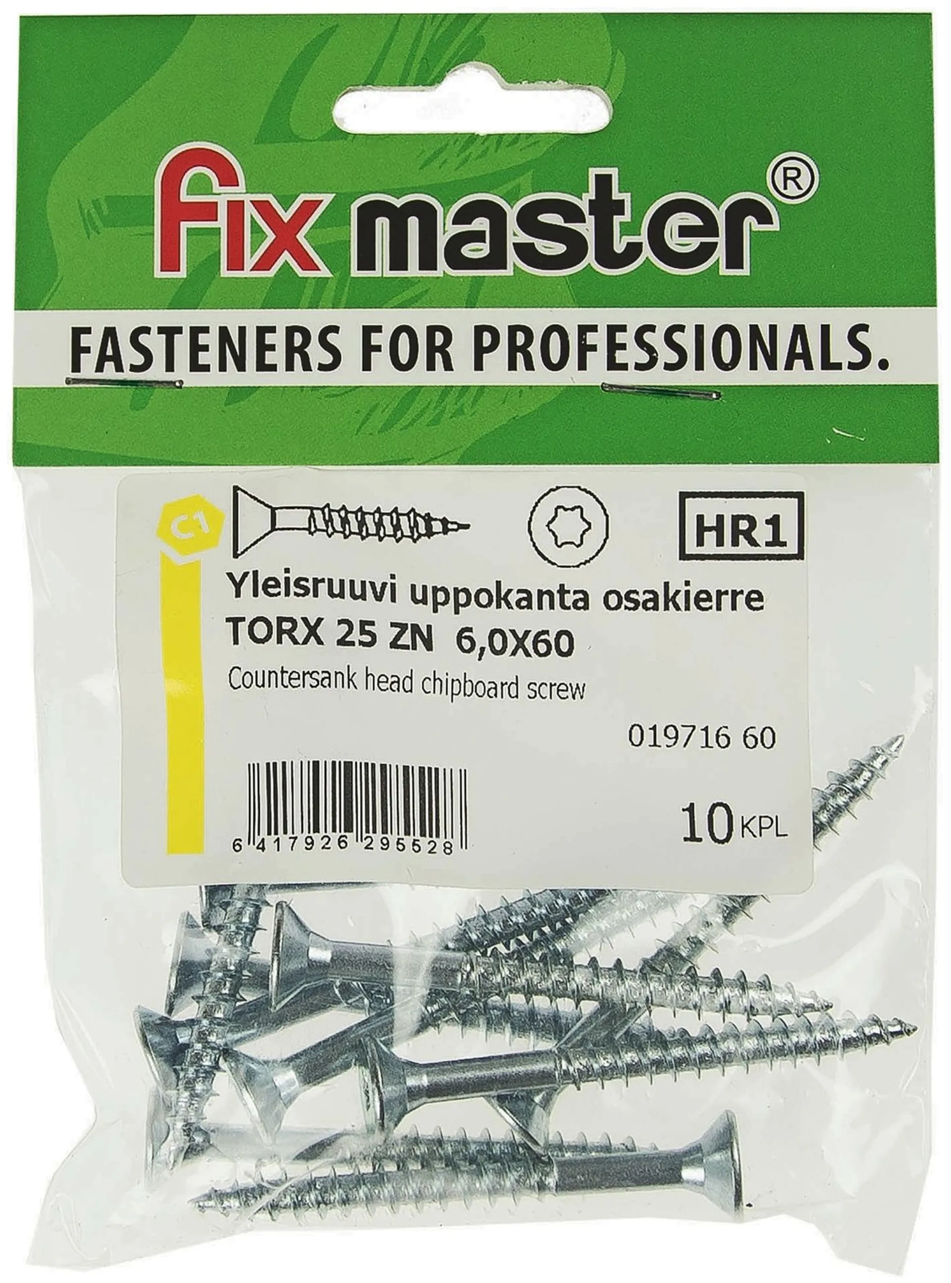 Fix Master yleisruuvi uppokanta osakierre 6X60 torx25 sinkitty 10kpl