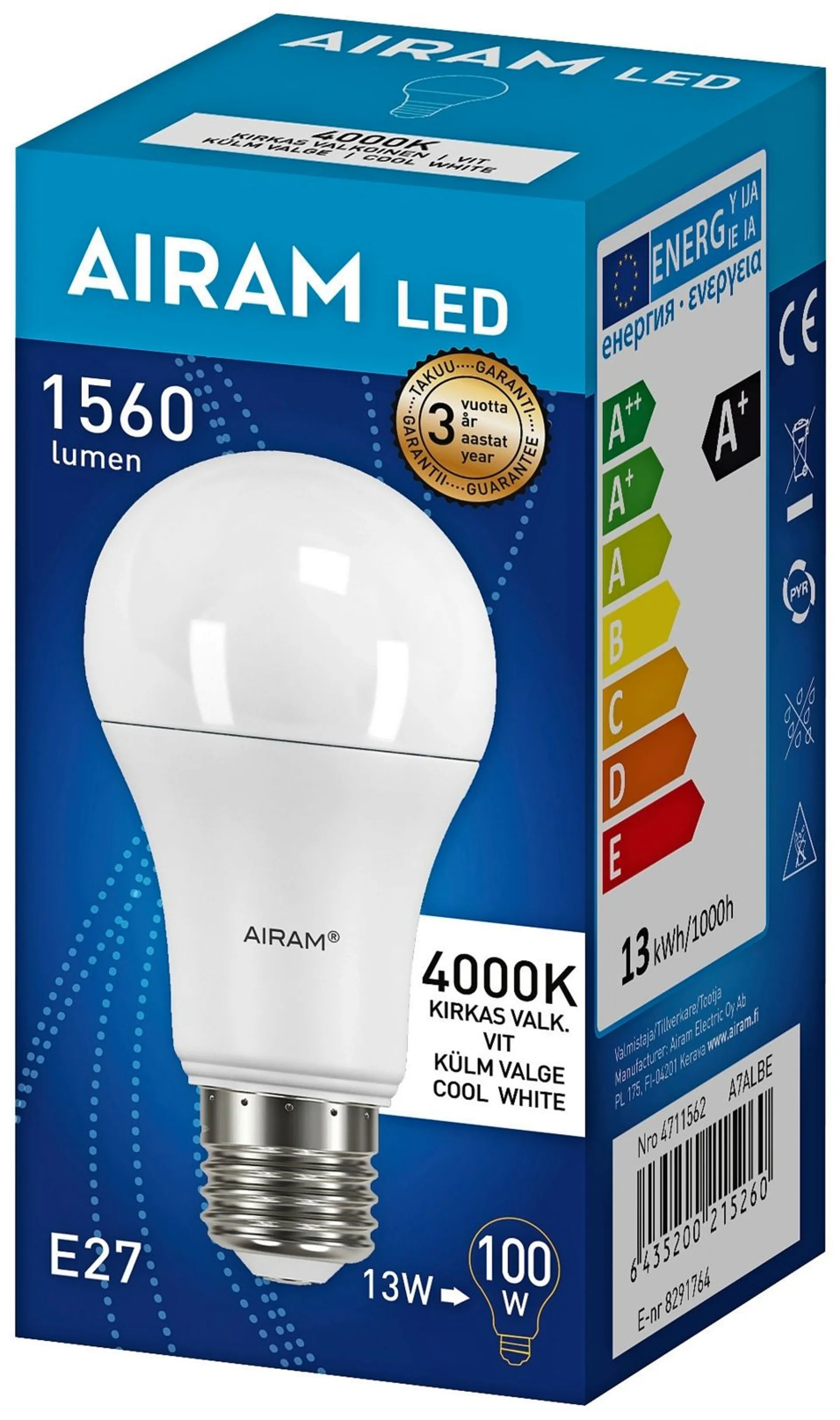 Airam LED lamppu 13.5W/840 E27 vakio 1560lm - 2