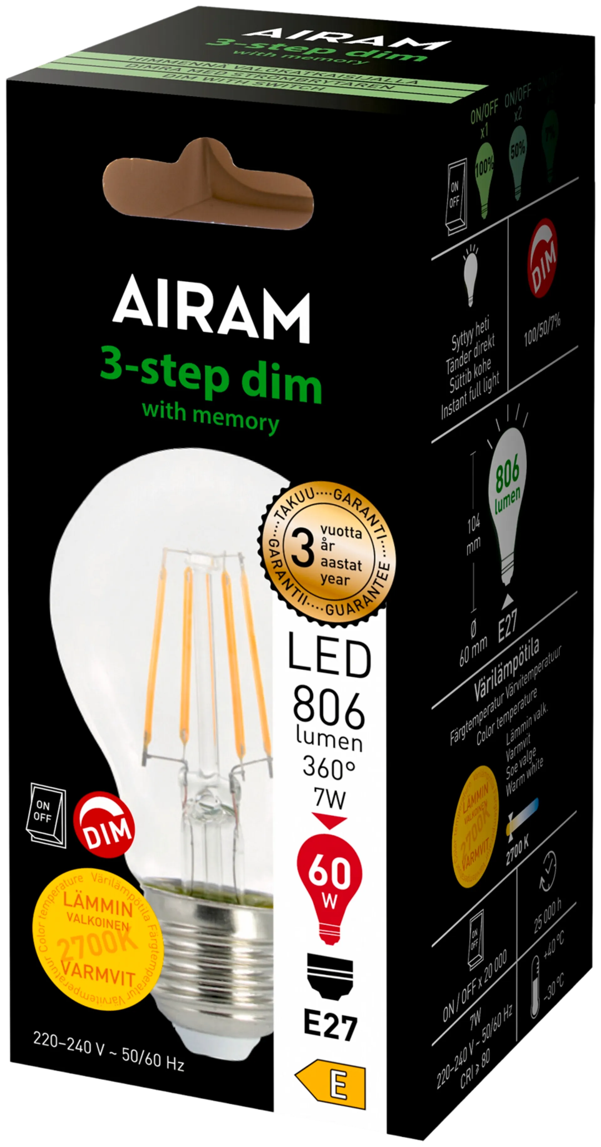 Airam LED Vakio 3-Step himmennys 7W E27 806lm - 2