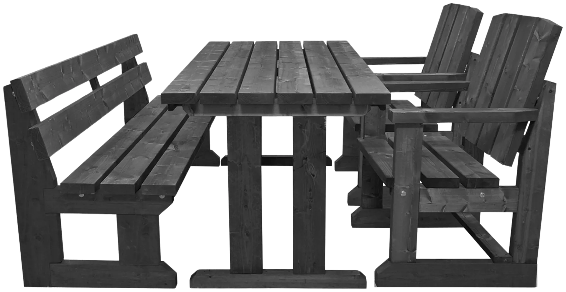 Jämäkkä kalusteryhmä pöydällä, penkillä ja kahdella tuolilla, harmaa 150x170x74cm - 1