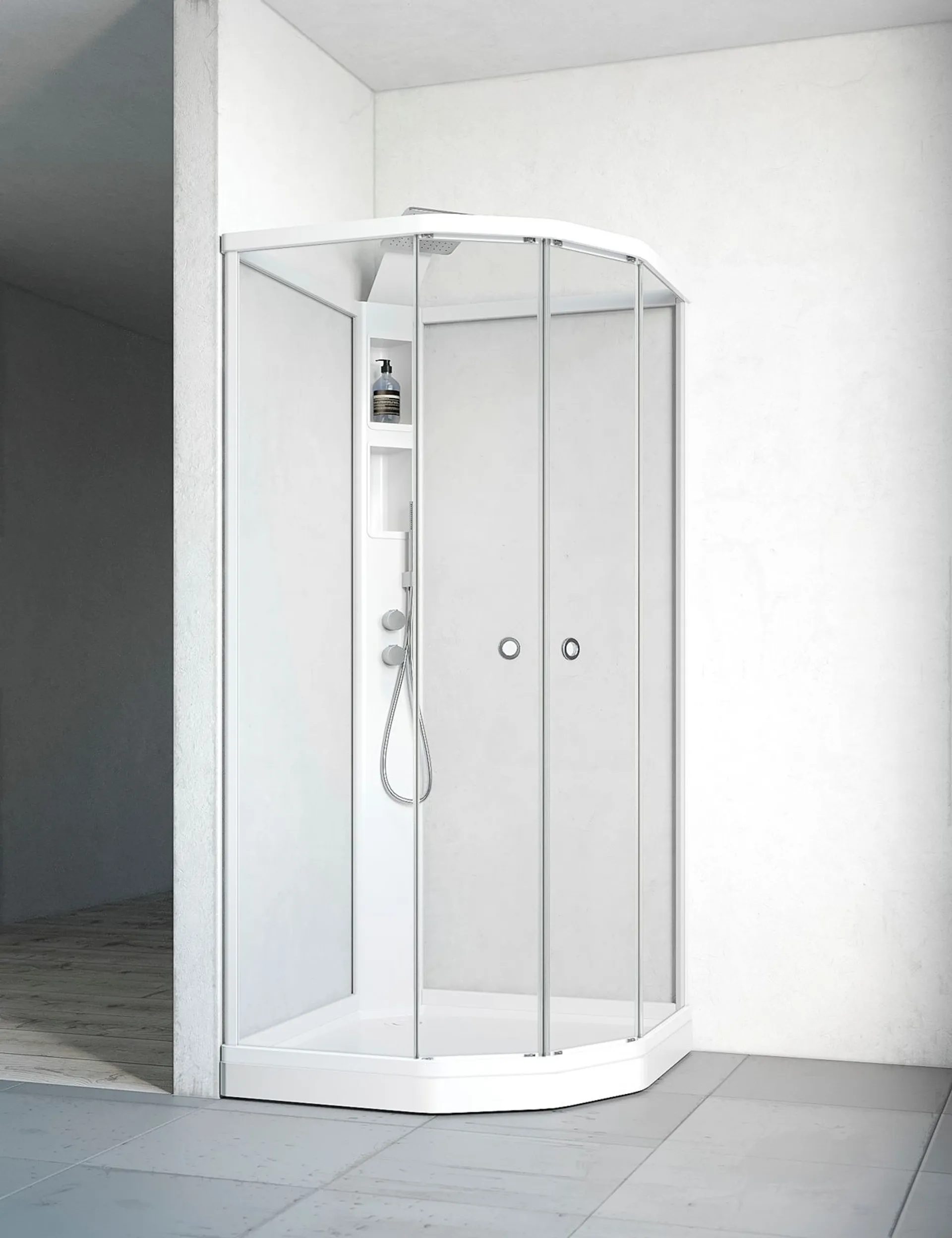 Macro Design Indoor suihkukaappi Macro Flow Semi Lux 91x91cm, kirkkaat lasit, valkoiset profiilit, integroitu termostaatti ja kattosuihku - 1