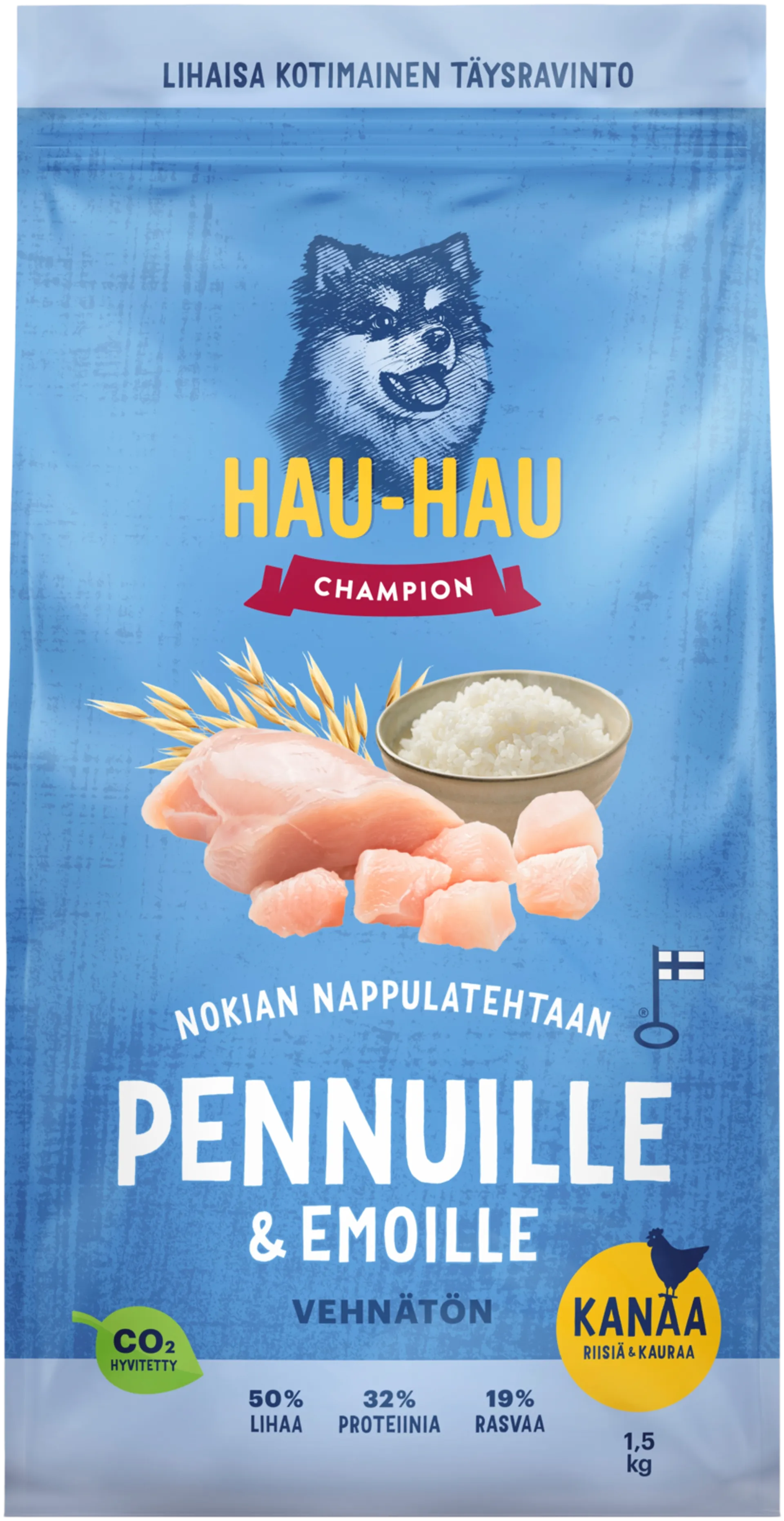 Hau-Hau Champion Nokian Nappulatehtaan Kanaa, riisiä & kauraa täysravinto pennuille ja emoille 1,5 kg