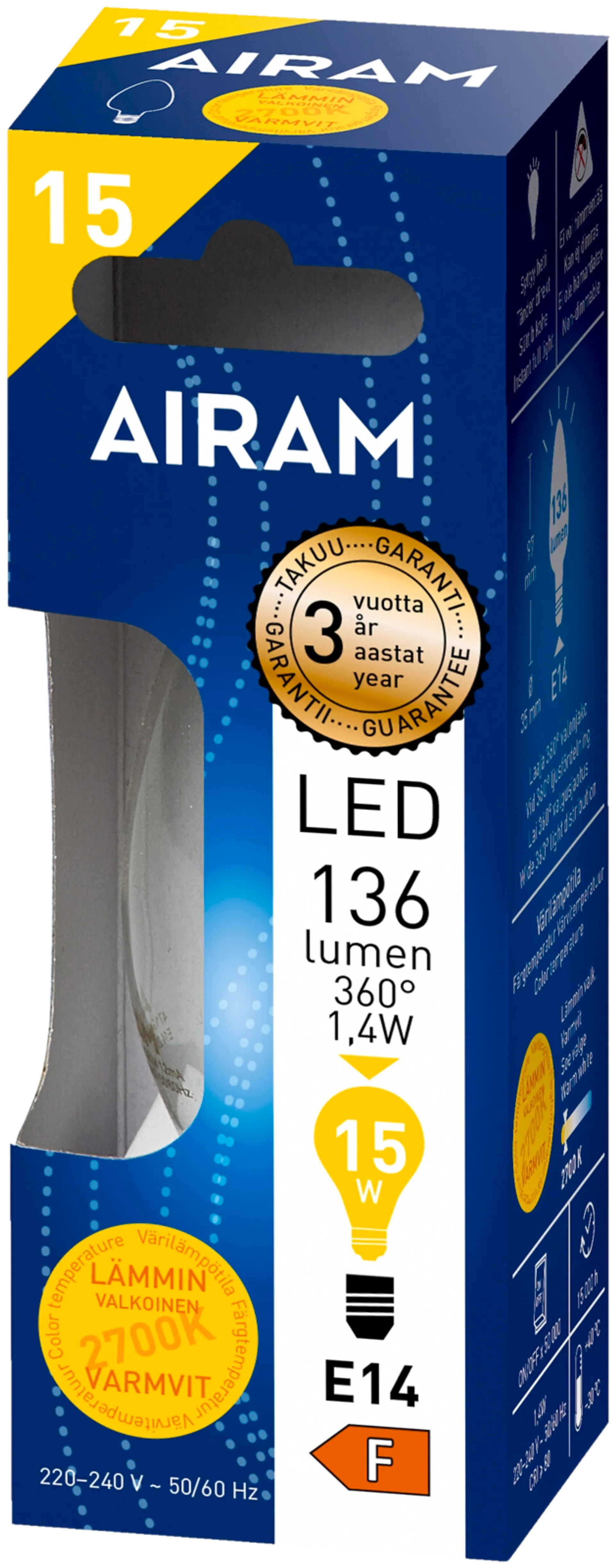 Airam LED kynttilä 1,4W E14 136LM kirkas filamentti - 2