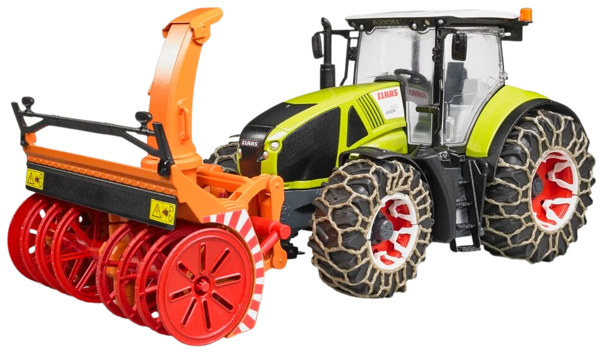 Bruder Claas Axion 950 traktori lumiketjuilla ja lumilingolla