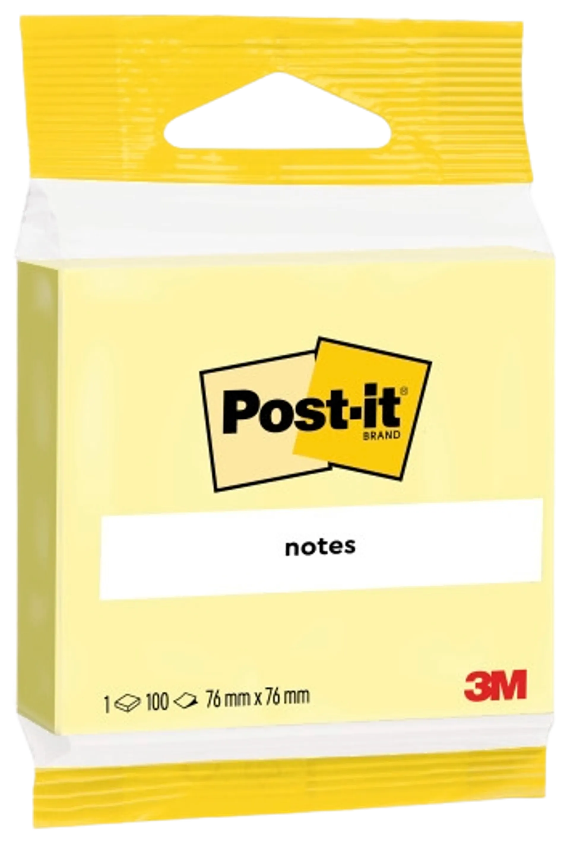 Post-it® viestilaput, Canary Yellow, 1 lehtiö, 76 mm x 76 mm, piikkipakattu, 100% PEFC CH18/0914