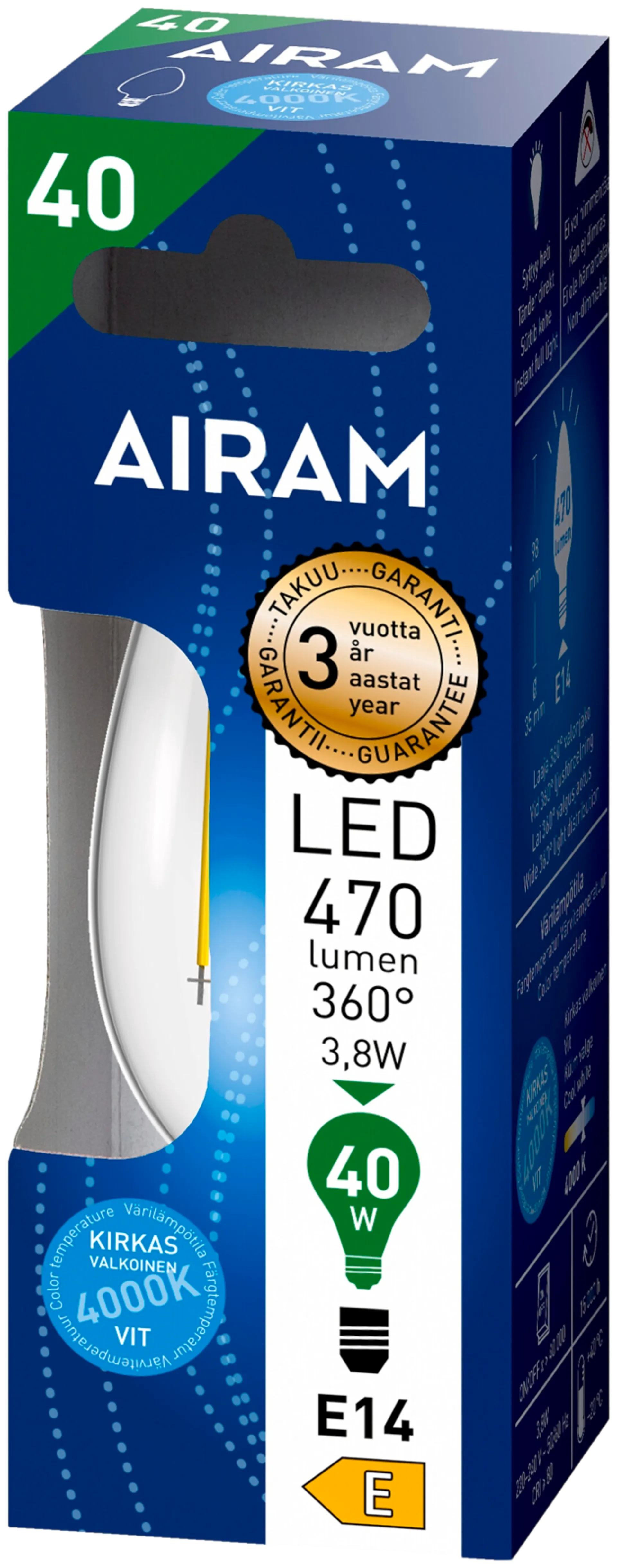 Airam LED Kynttilälamppu kirkas 3,8W 4000K E14 470lm 15 000h - 2