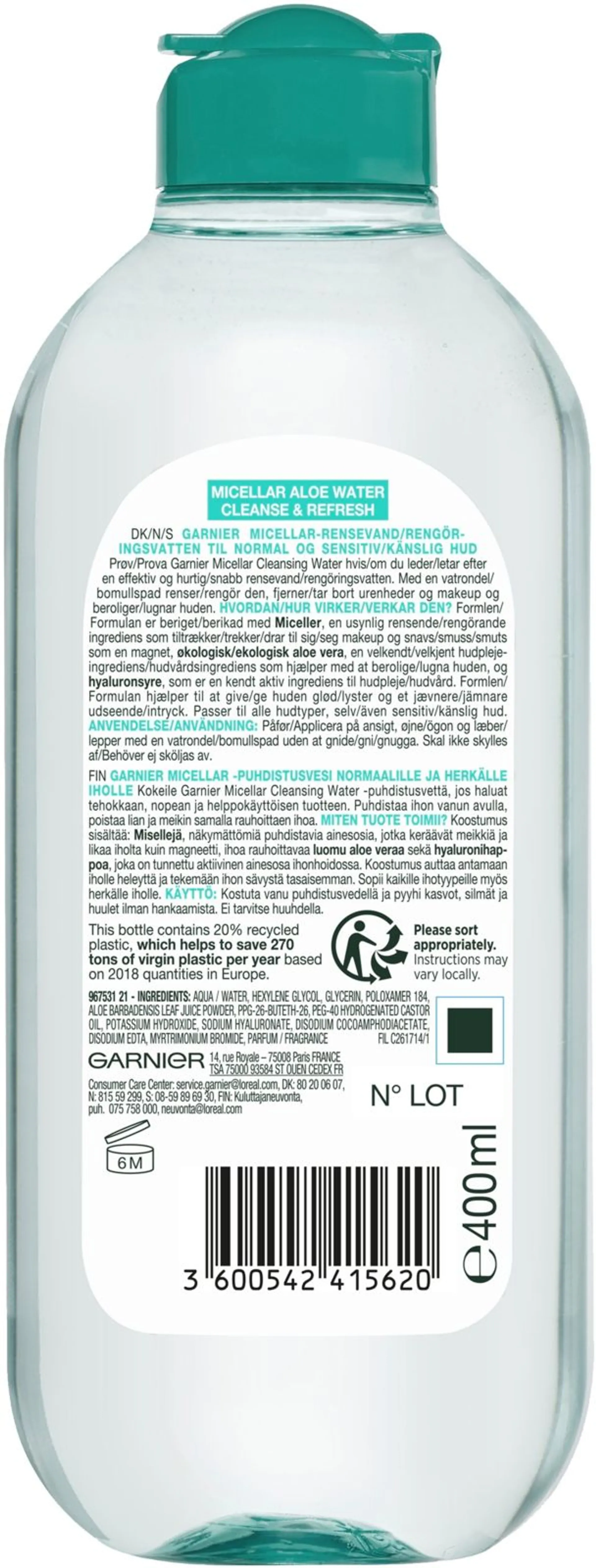 Garnier SkinActive Micellar Aloe Water Cleanse & Refresh puhdistusvesi 400ml - 2