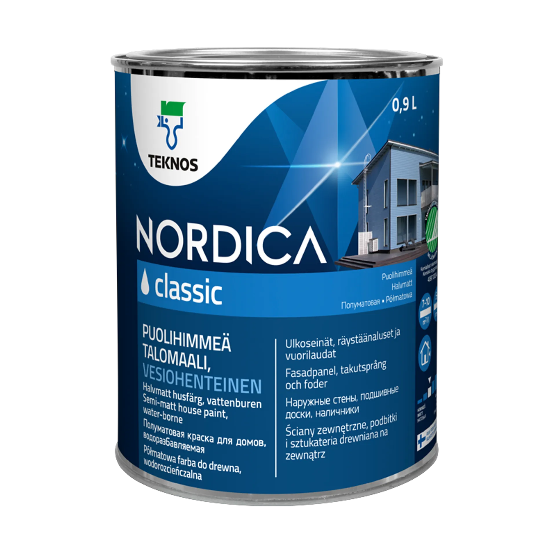 Teknos talomaali Nordica Classic 0,9 l PM1 valkoinen sävytettävissä puolihimmeä