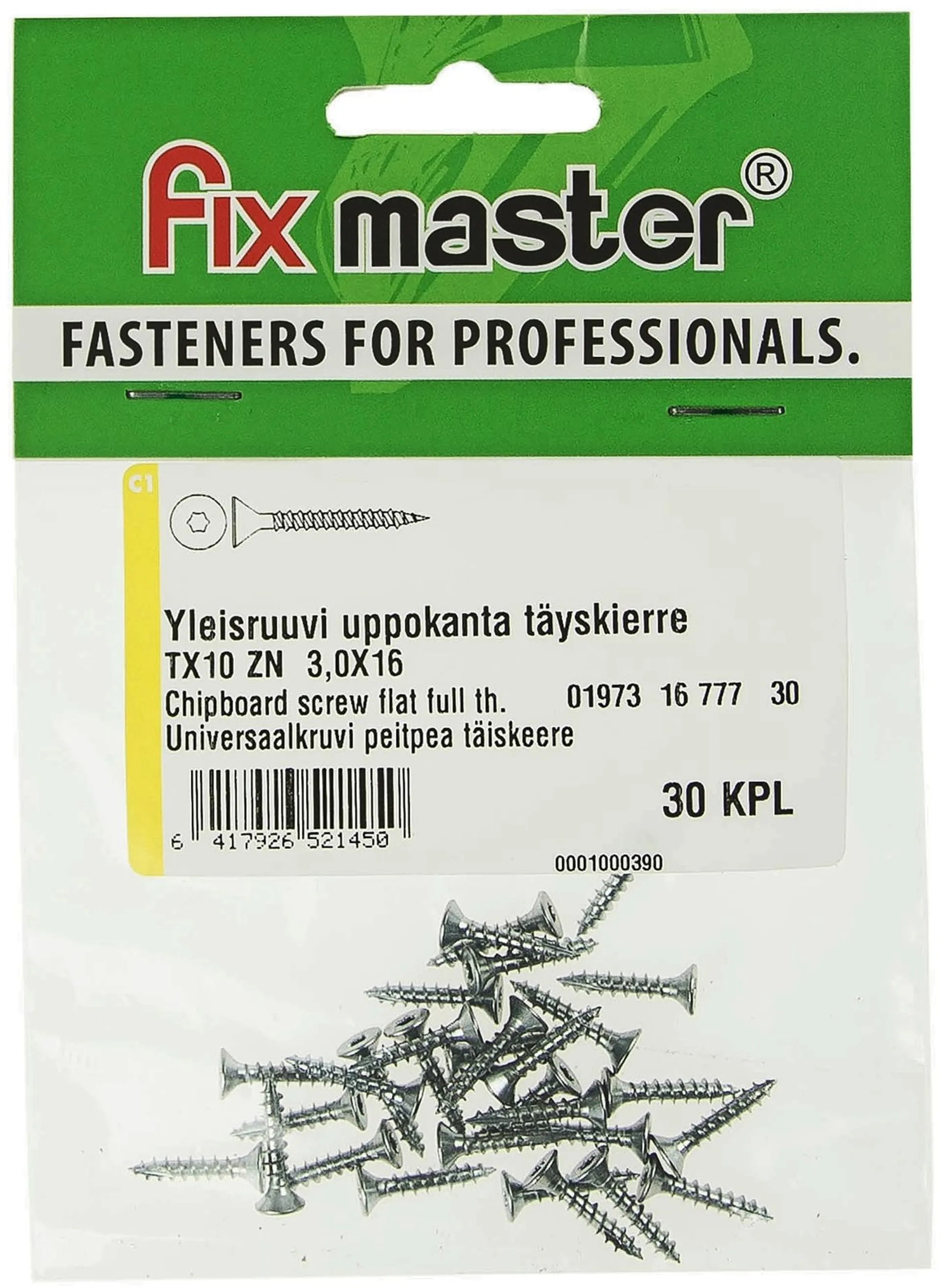 Fix Master yleisruuvi uppokanta täyskierre torx10 3,0X16 sinkitty 30kpl