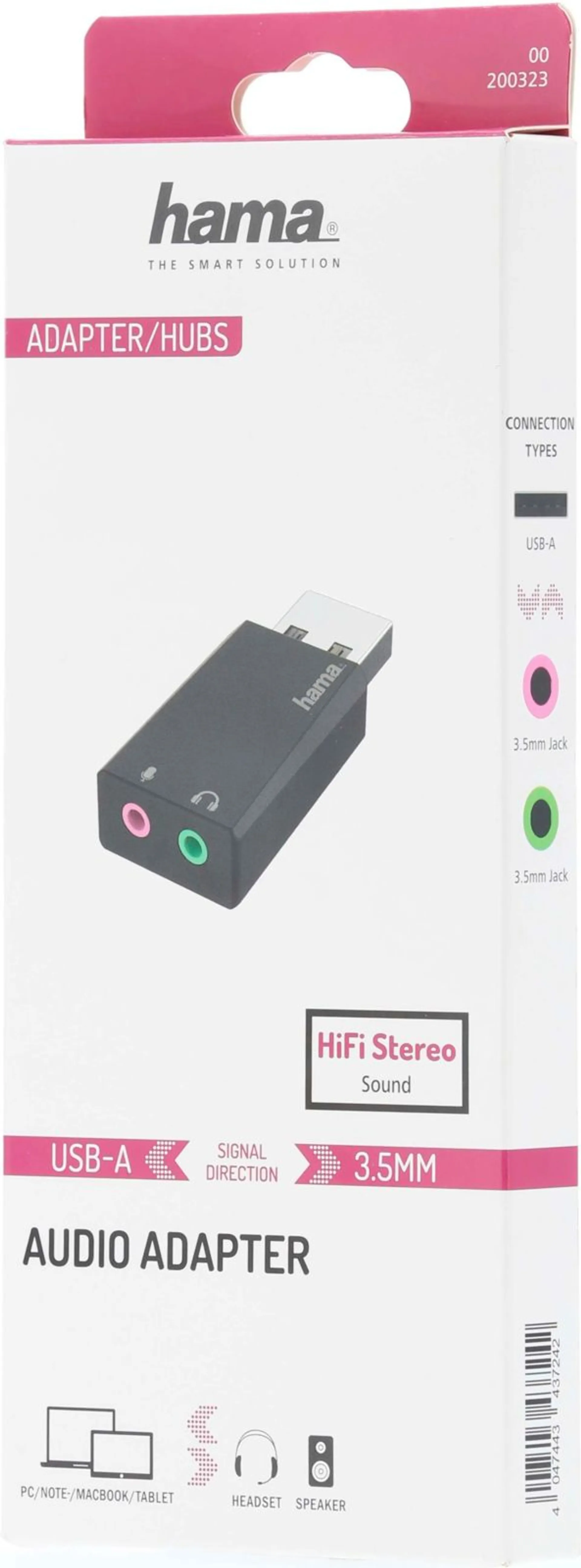 Hama USB-äänikortti, USB-A uros - 2 x 3,5 mm jakkiliitin naaras, USB 2.0, Stereo - 2