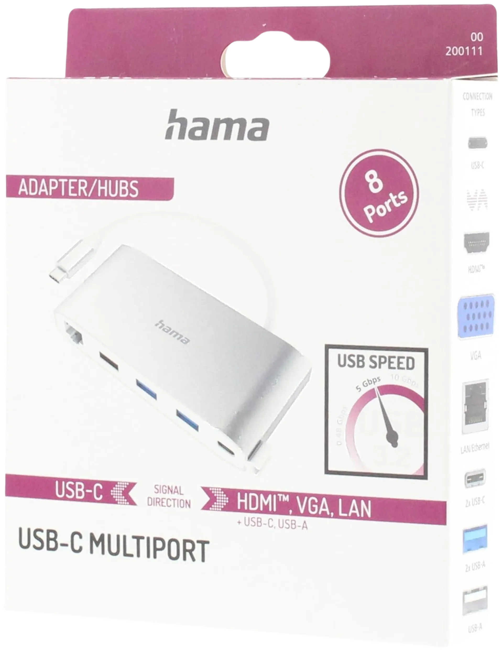 Hama USB-C -hubi, 8-porttinen, 3 x USB-A, 2 x USB-C, VGA, HDMI™, LAN, USB 3.2 Gen 1, 0,15 m - 5