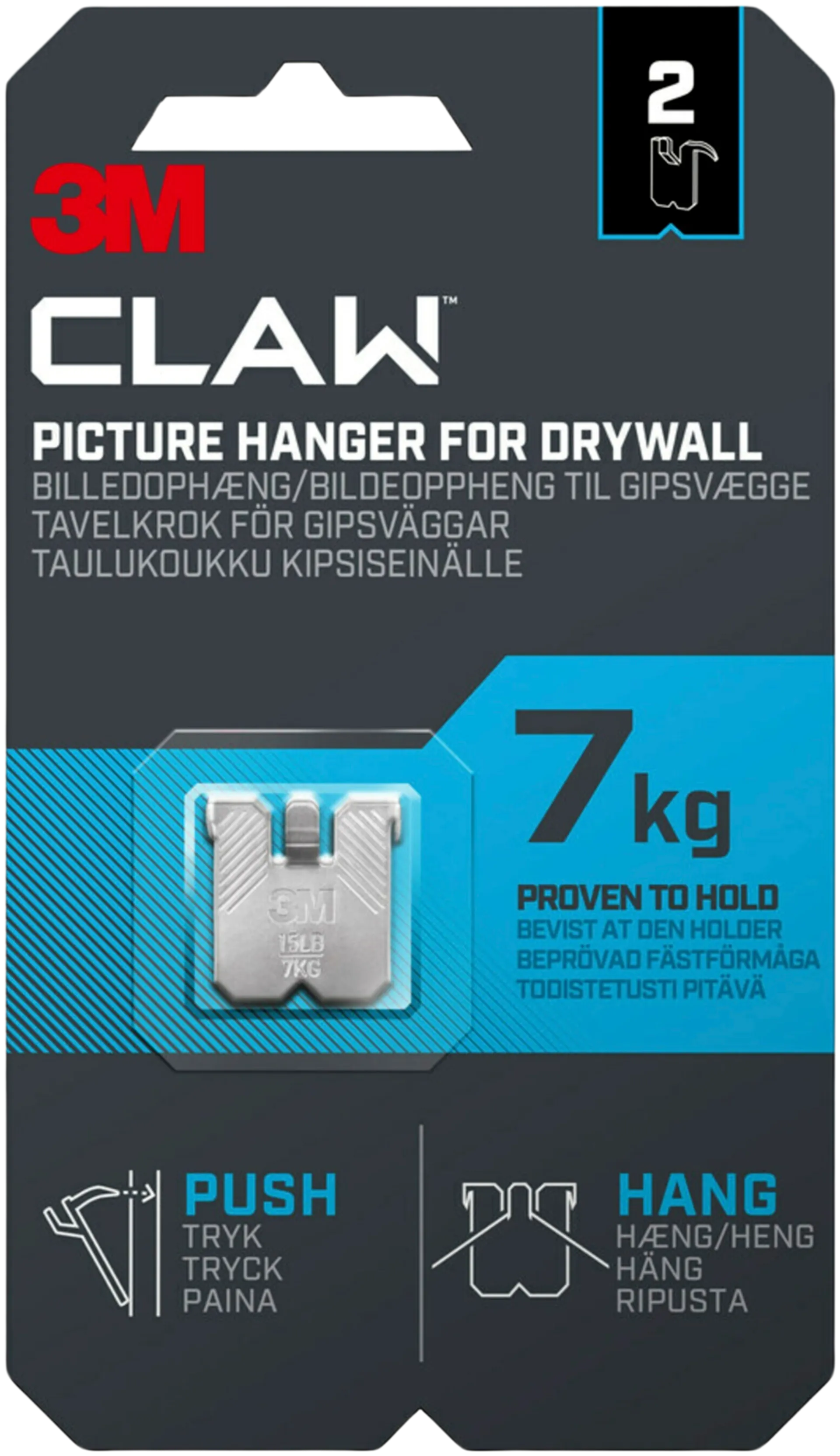 3M CLAW™-taulukoukku kipsilevylle, 7 kg 3PH7-2UKN, 2 ripustuskoukkua - 1