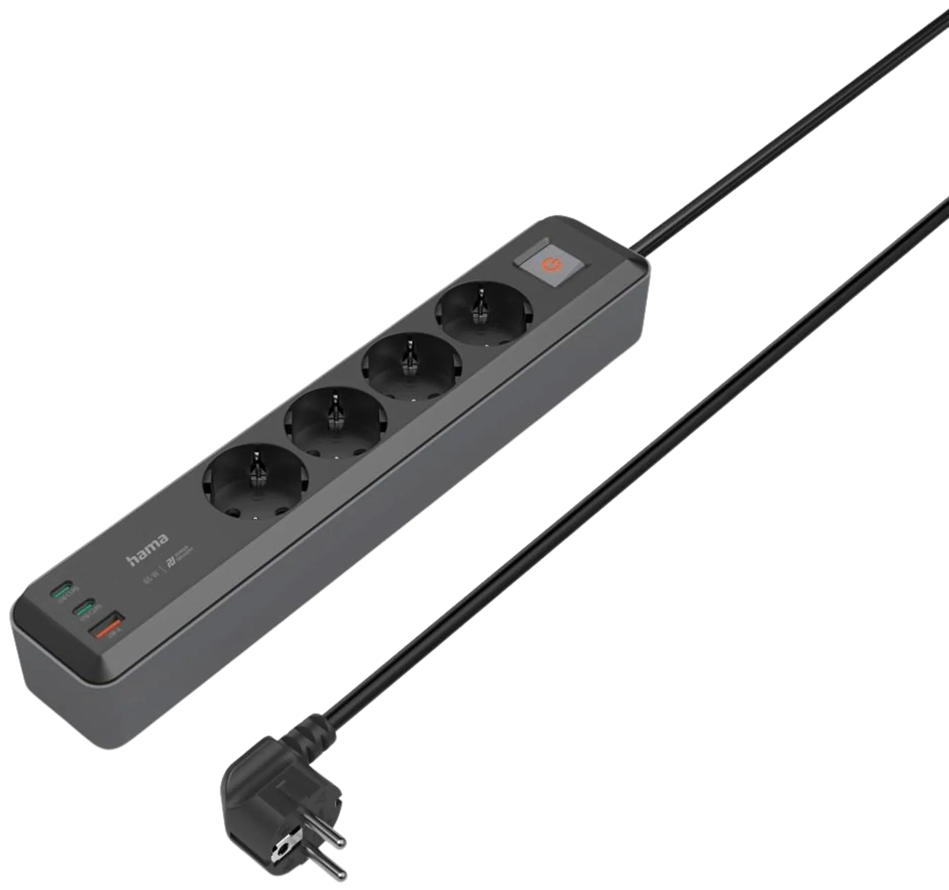 Hama Jatkojohto, 4-paikkainen, PowerDelivery, USB-C/-A 65 W, kytkimellä, 1,4 m - 1