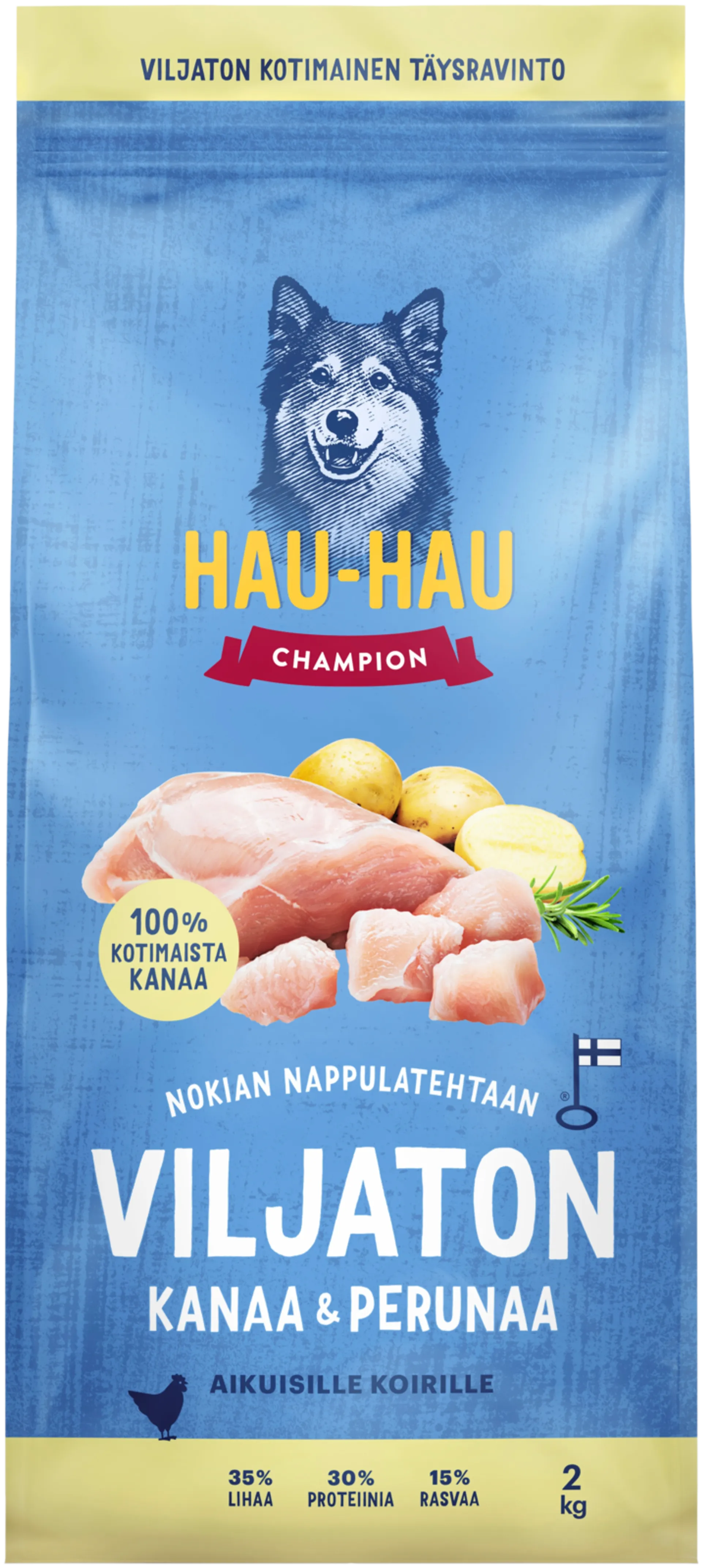 Hau-Hau Champion Nokian Nappulatehtaan Viljaton kanaa ja perunaa täysravinto aikuisille koirille 2 kg