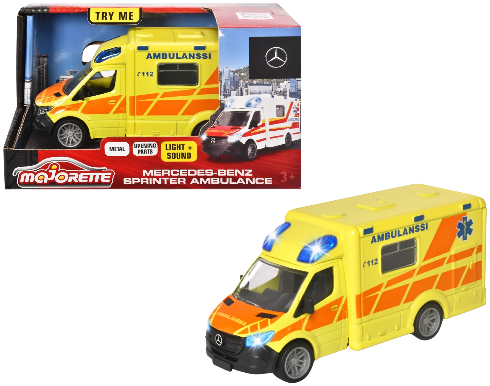 Majorette Grand Series Mercedes-Benz Sprinter, suomalainen ambulanssi, valo- ja äänitoiminto, 15 cm - 1