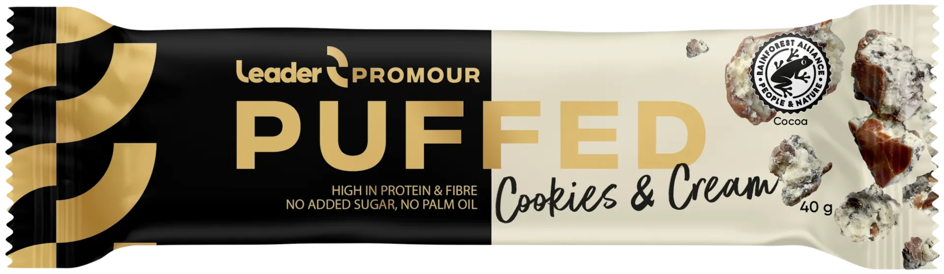 Leader Promour Puffed Cookies & Cream keksin- ja kermanmakuinen riisisuklaaproteiinipatukka 40 g