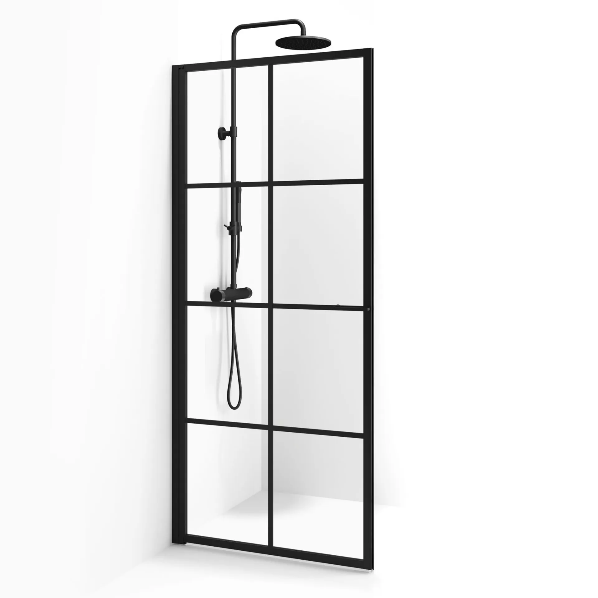 Indoor suihkuseinä Empire suora kääntyvä 78cm, mustat profiilit ja ruudukko, kirkkaat lasit