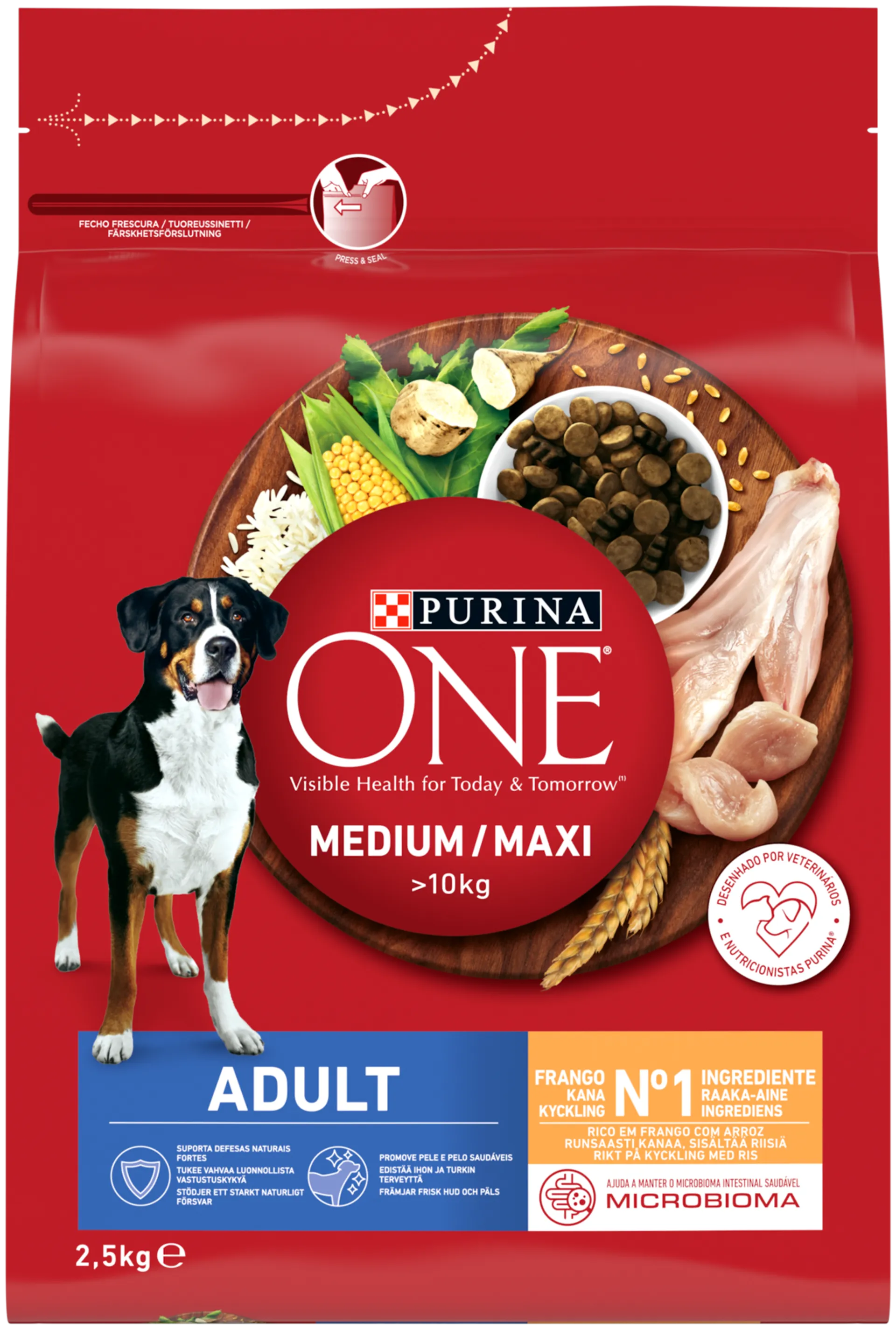 Purina ONE 2,5kg Medium/Maxi Adult runsaasti kanaa, sisältää riisiä koiranruoka