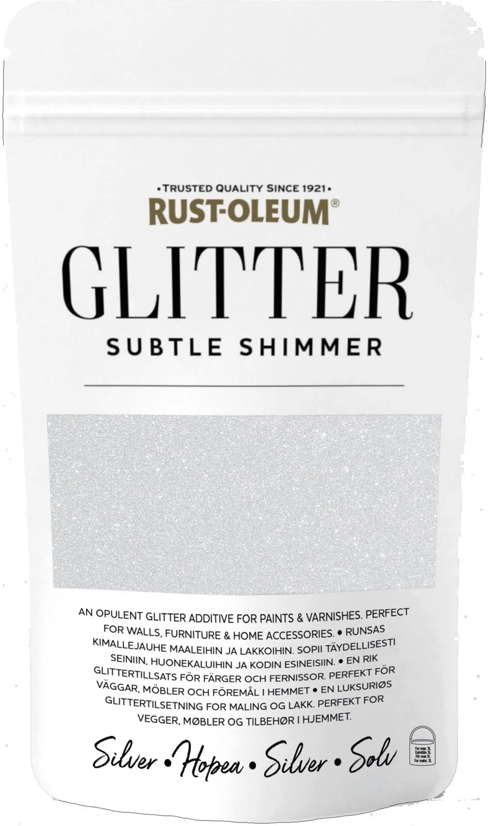 Rust-Oleum 70g glitter-jauhe maaleihin ja lakkoihin hopeanvärinen - 1