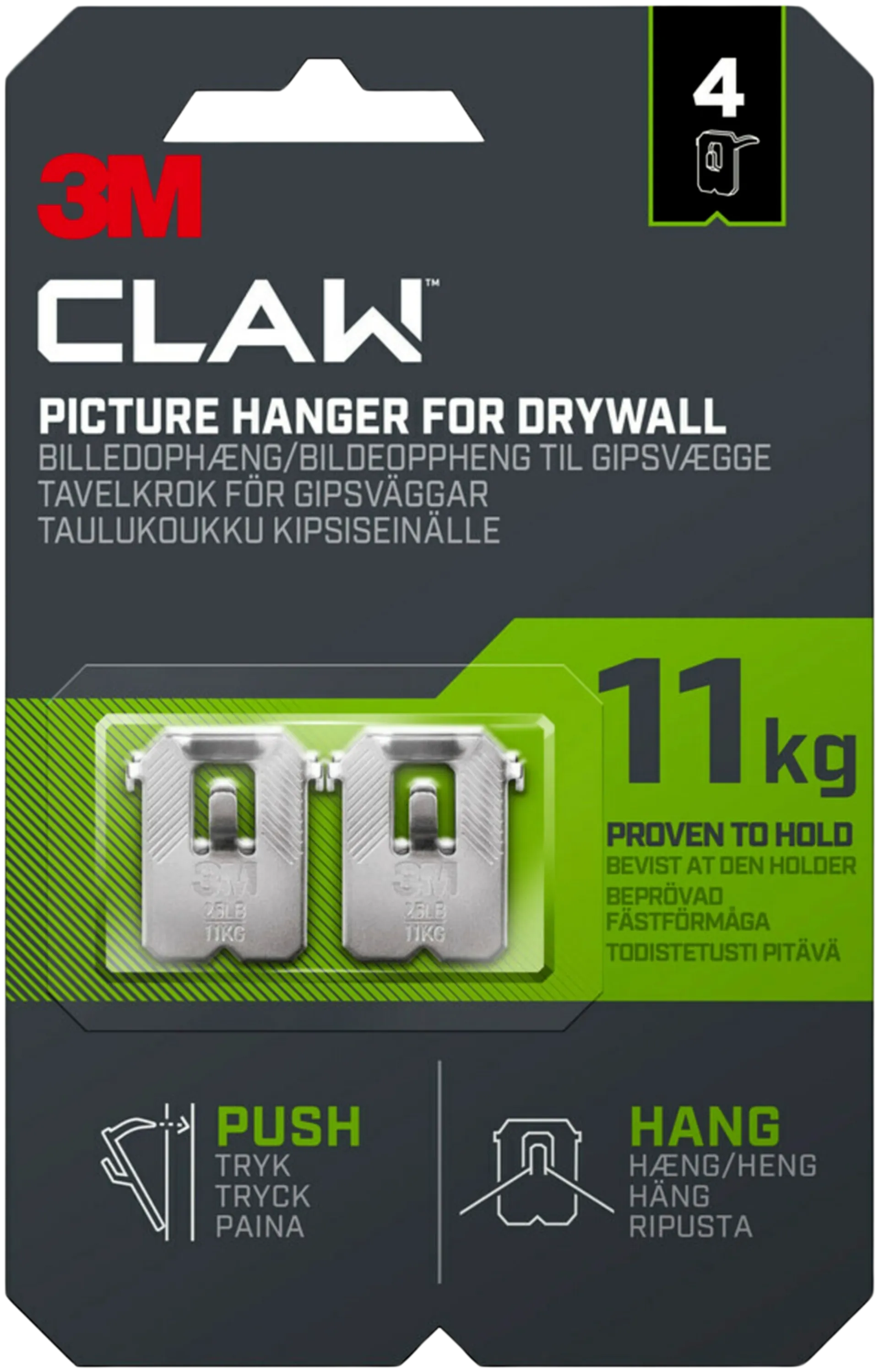 3M CLAW™-taulukoukku kipsilevylle, 11 kg 3PH11-4UKN, 4 ripustuskoukkua - 1