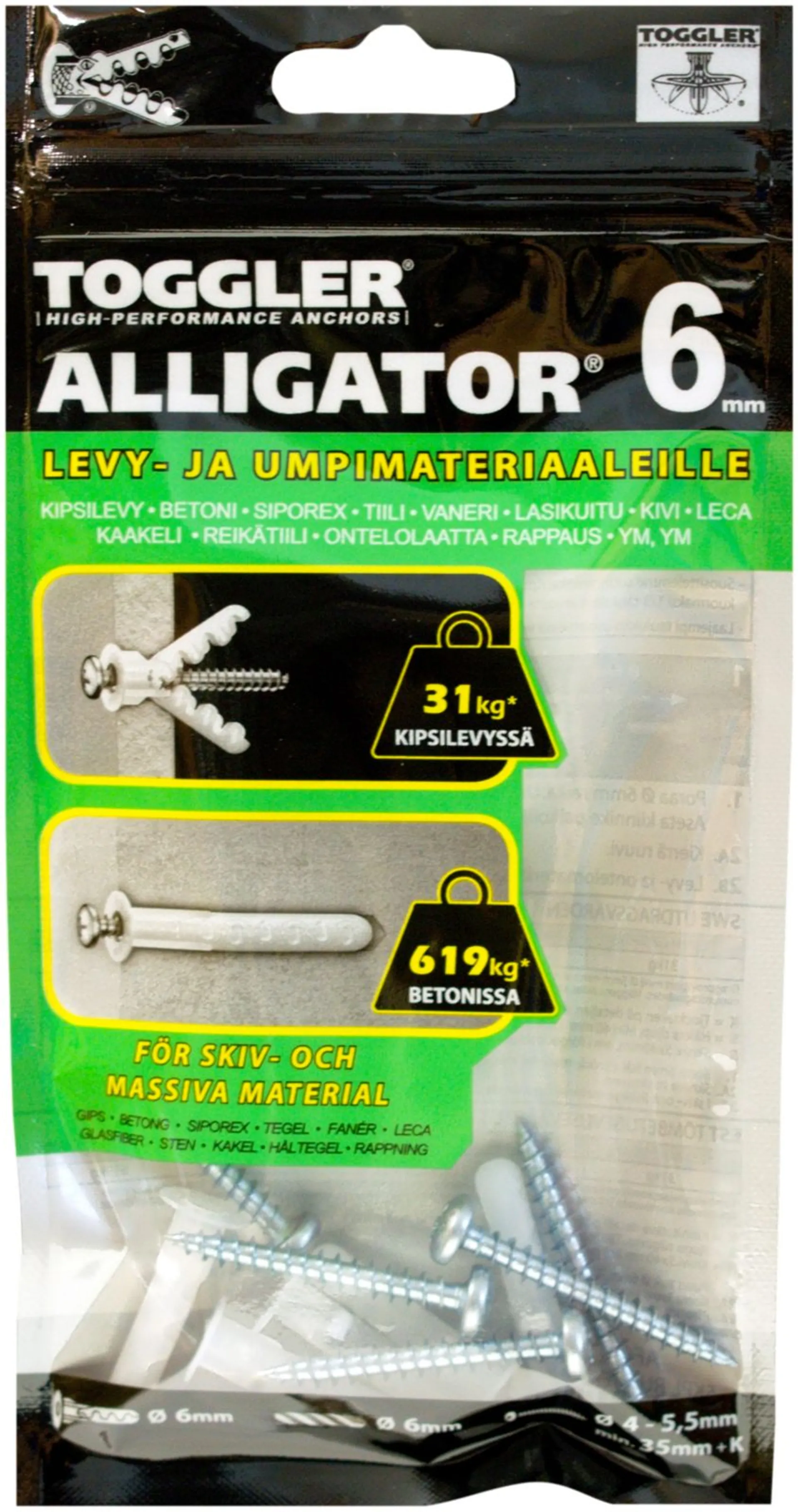 Toggler Alligator AF6-5 kiinnike laipalla 6mm 5kpl + ruuvit - 1