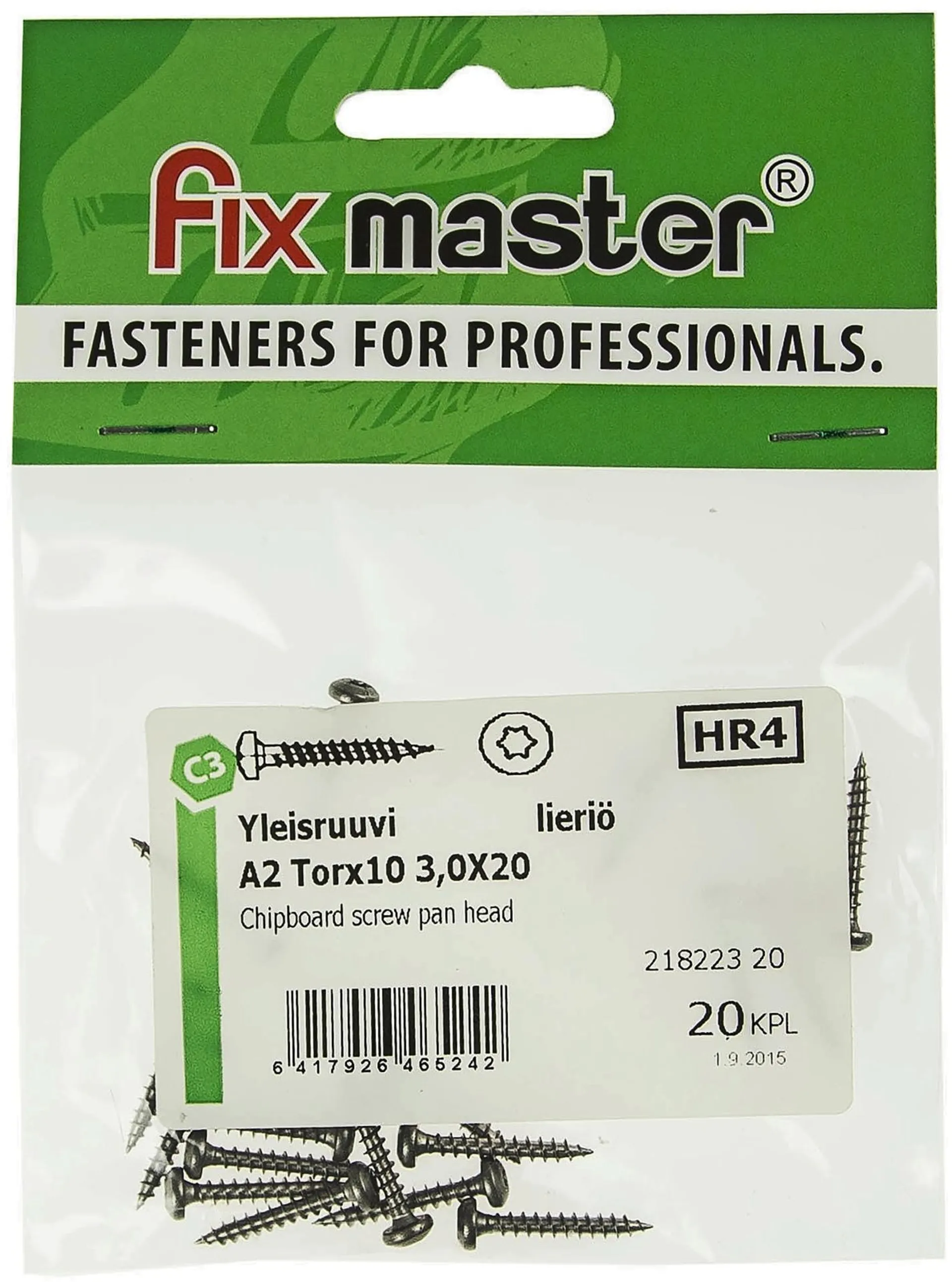 Fix Master yleisruuvi lieriökanta täyskierre A2 torx10 3,0X20 20kpl