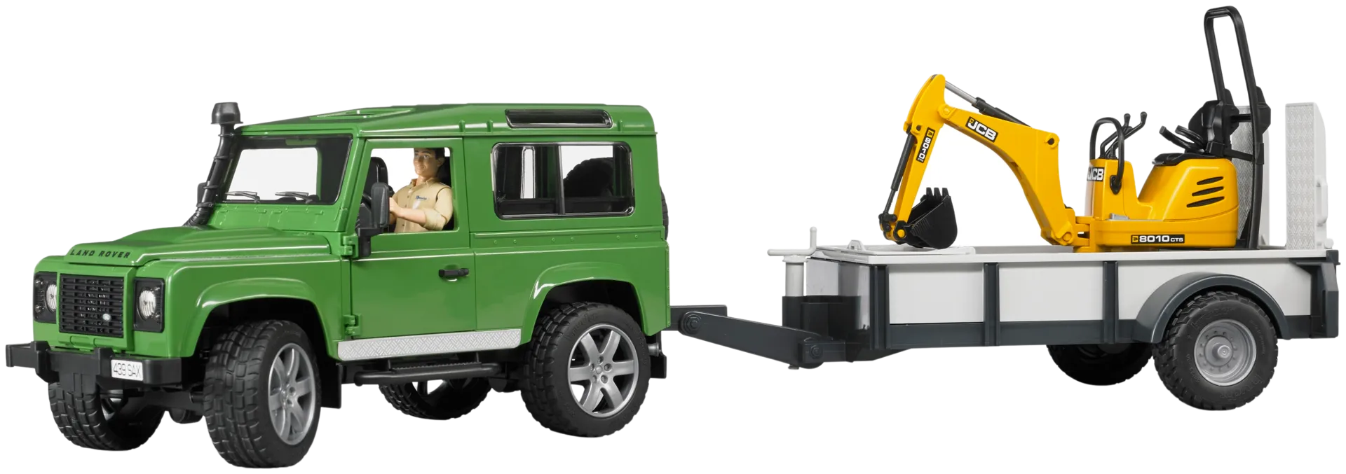 Bruder Land Rover Defender, traileri, JCB minikaivuri + työntekijä - 1