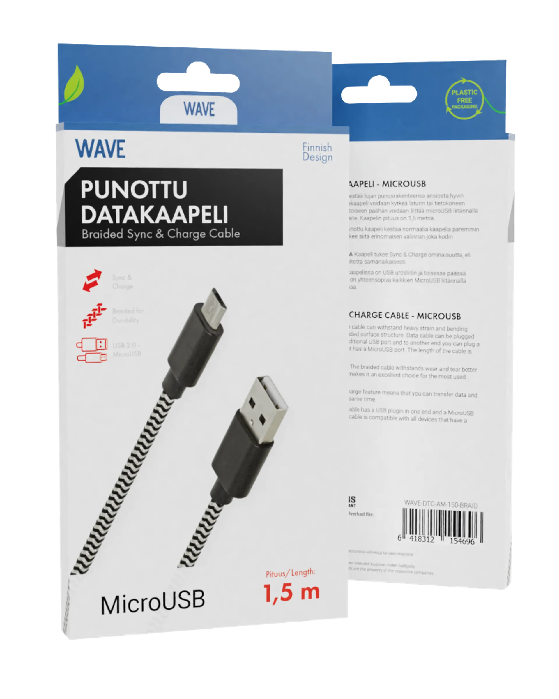 Wave Punottu datakaapeli, MicroUSB (480 Mbps), 1,5m, Mustavalkoinen - 1