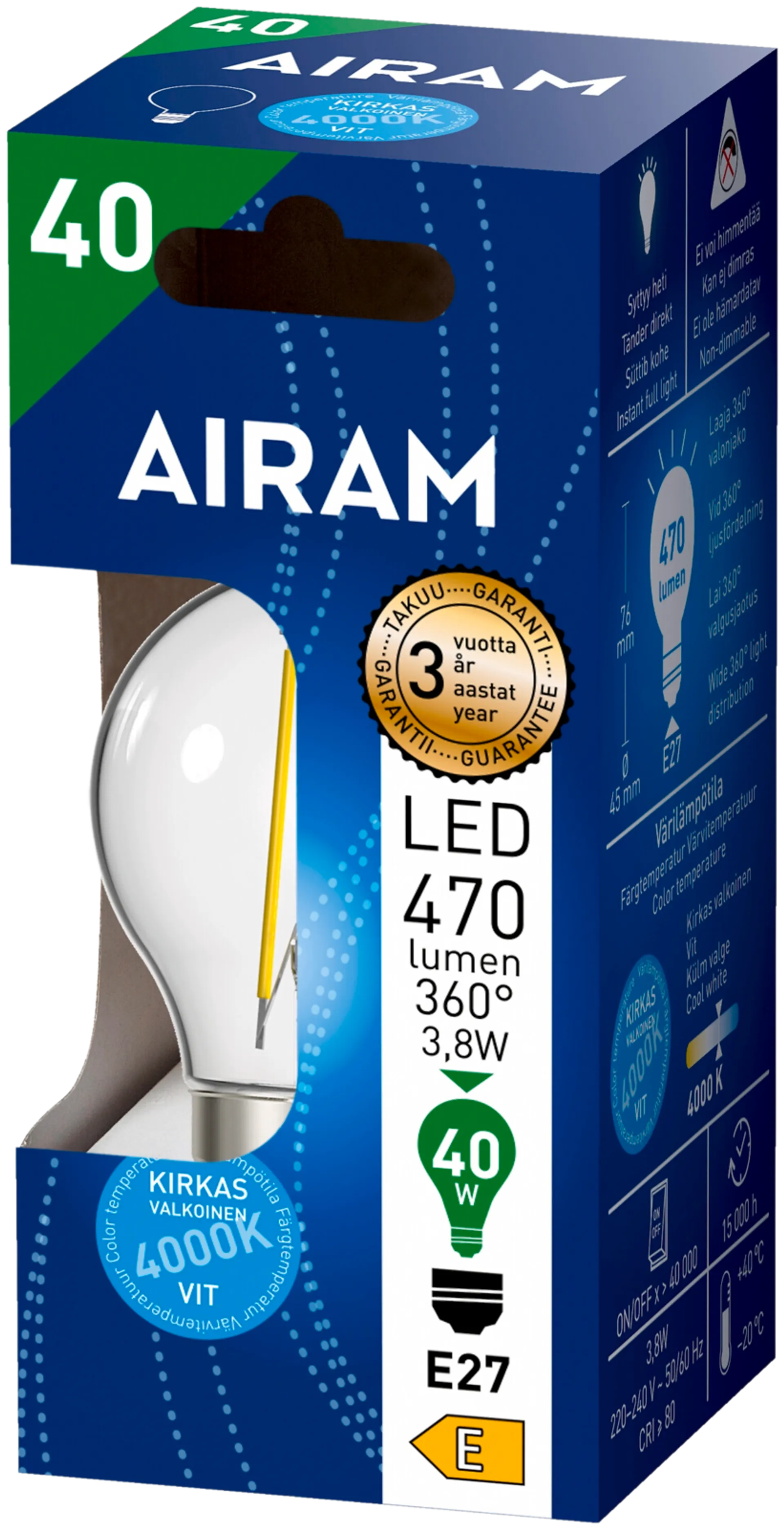 Airam LED Koriste 3,8W 470lm 4000K E27 kirkas - 2
