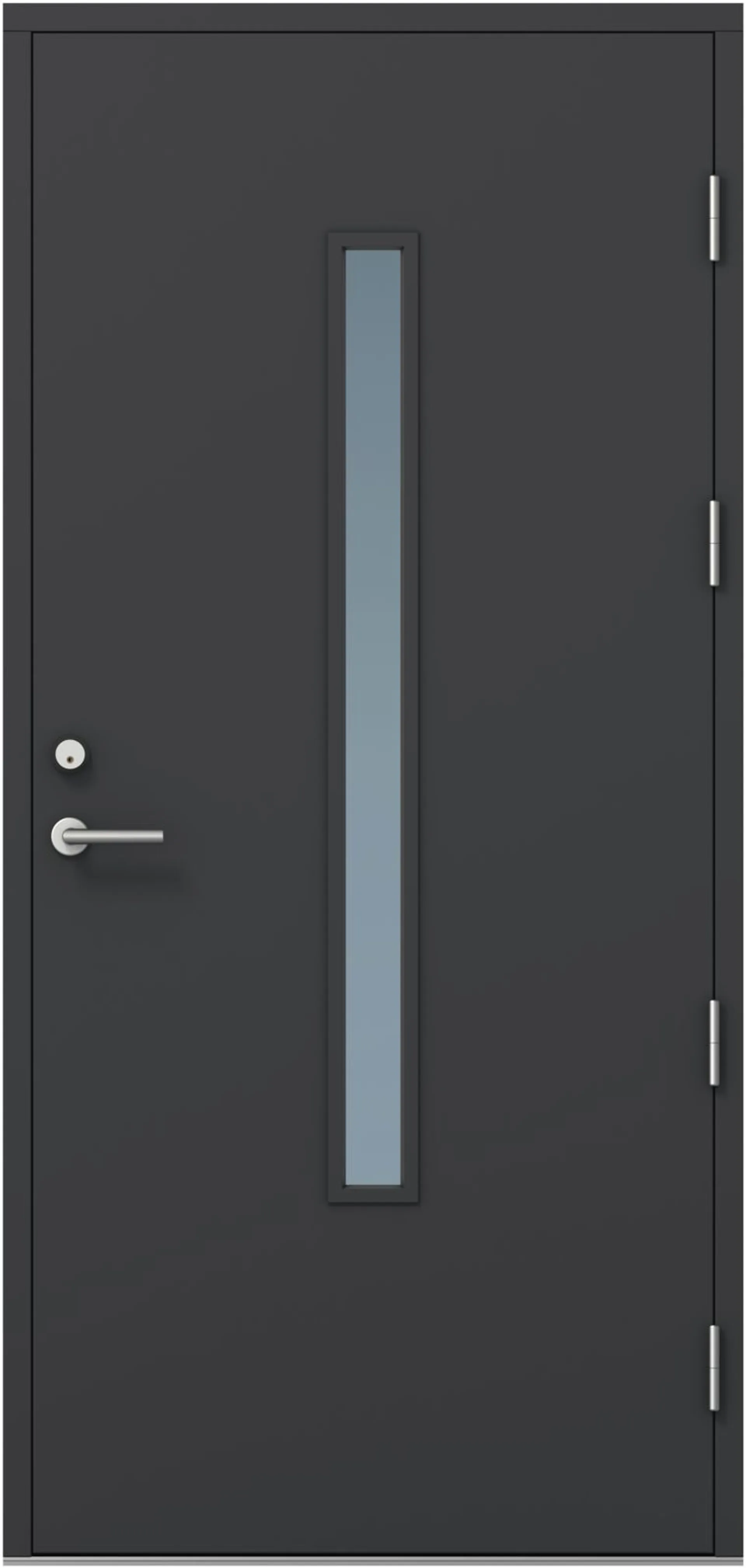 KASKI-ulko-ovi FE-810 pitkällä lasilla, tumman harmaa, 10x21 vasen, kynnys öljytty koivu, karmi 115mm