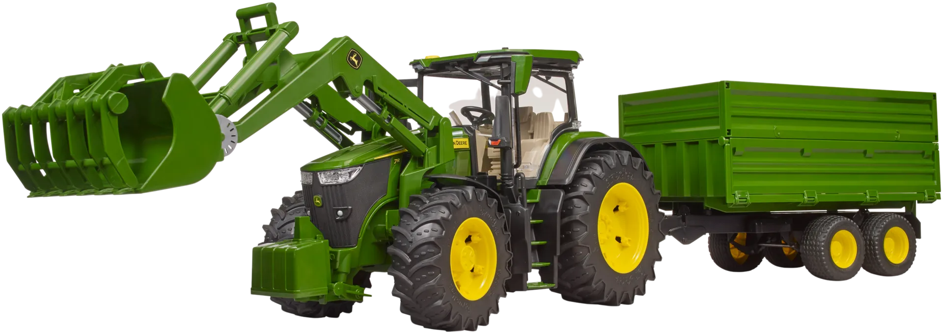 Bruder John Deere 7R 350 traktori etukuormaajalla ja perävaunulla - 3