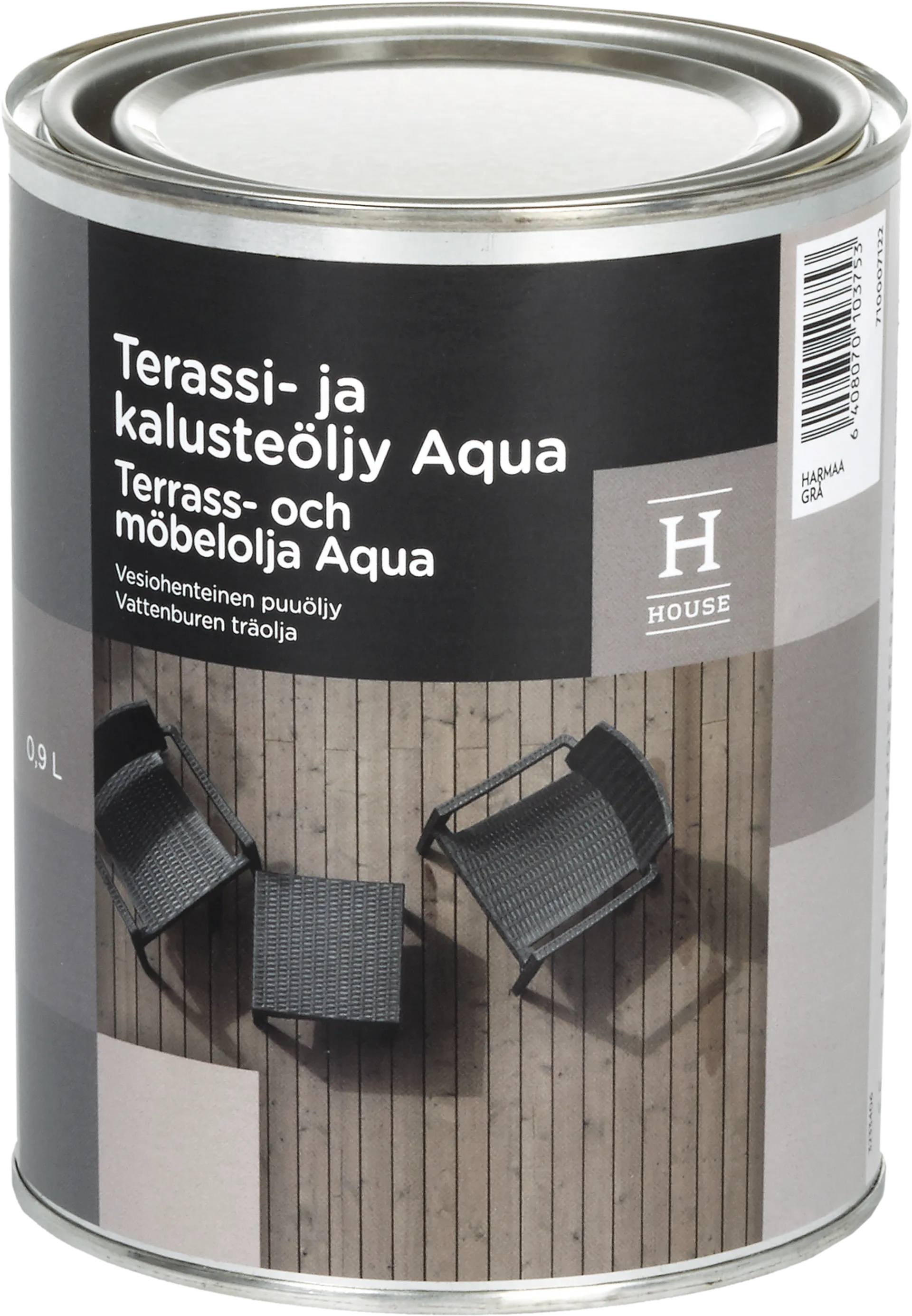 House terassi- ja kalusteöljy Aqua 0,9l harmaa ulkokäyttöön