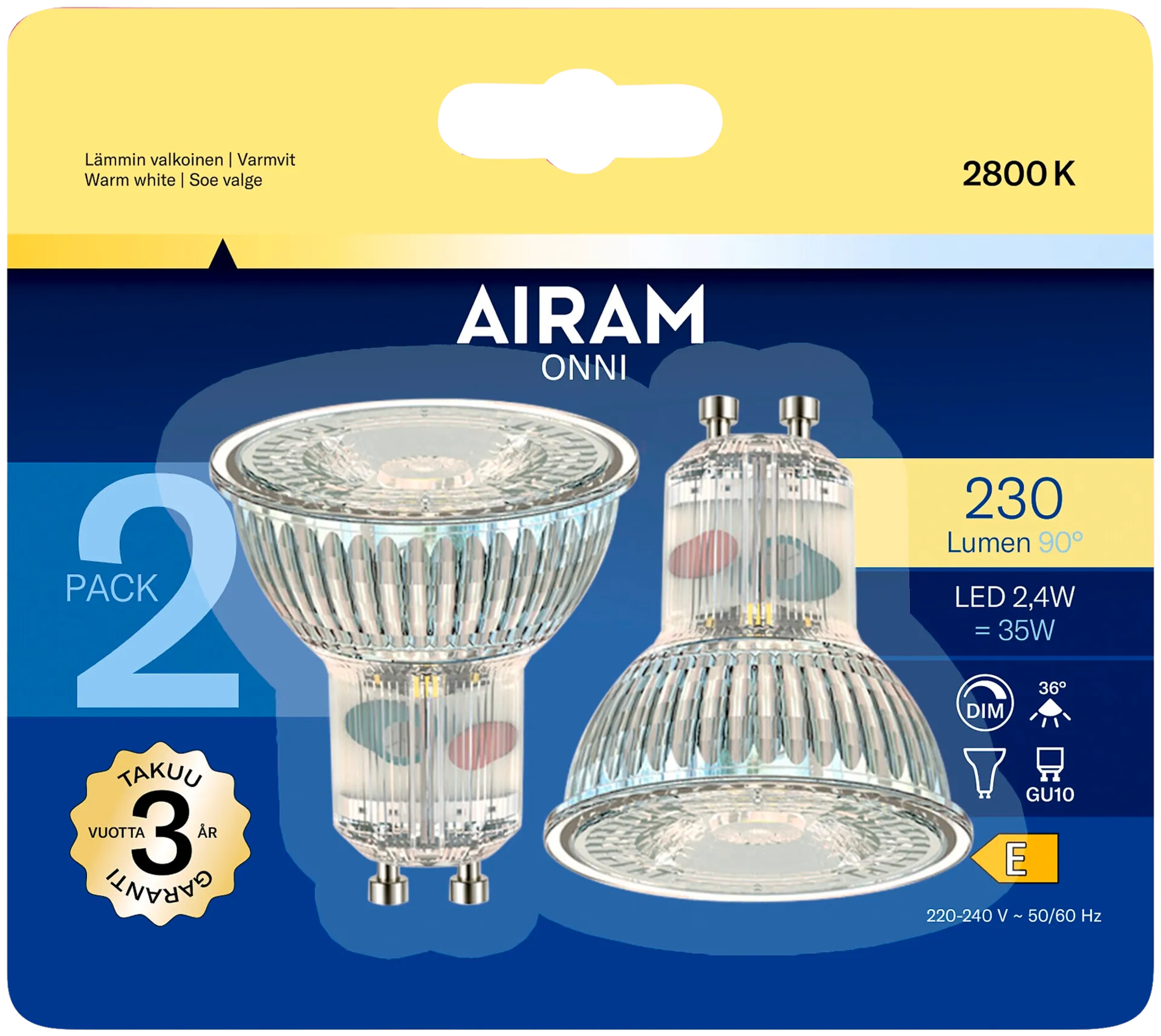 Airam Led kohde PAR16 Fullglass 2.4W GU10 36D 270lm/500cd 2800K himmennettävä, 2/blister - 2