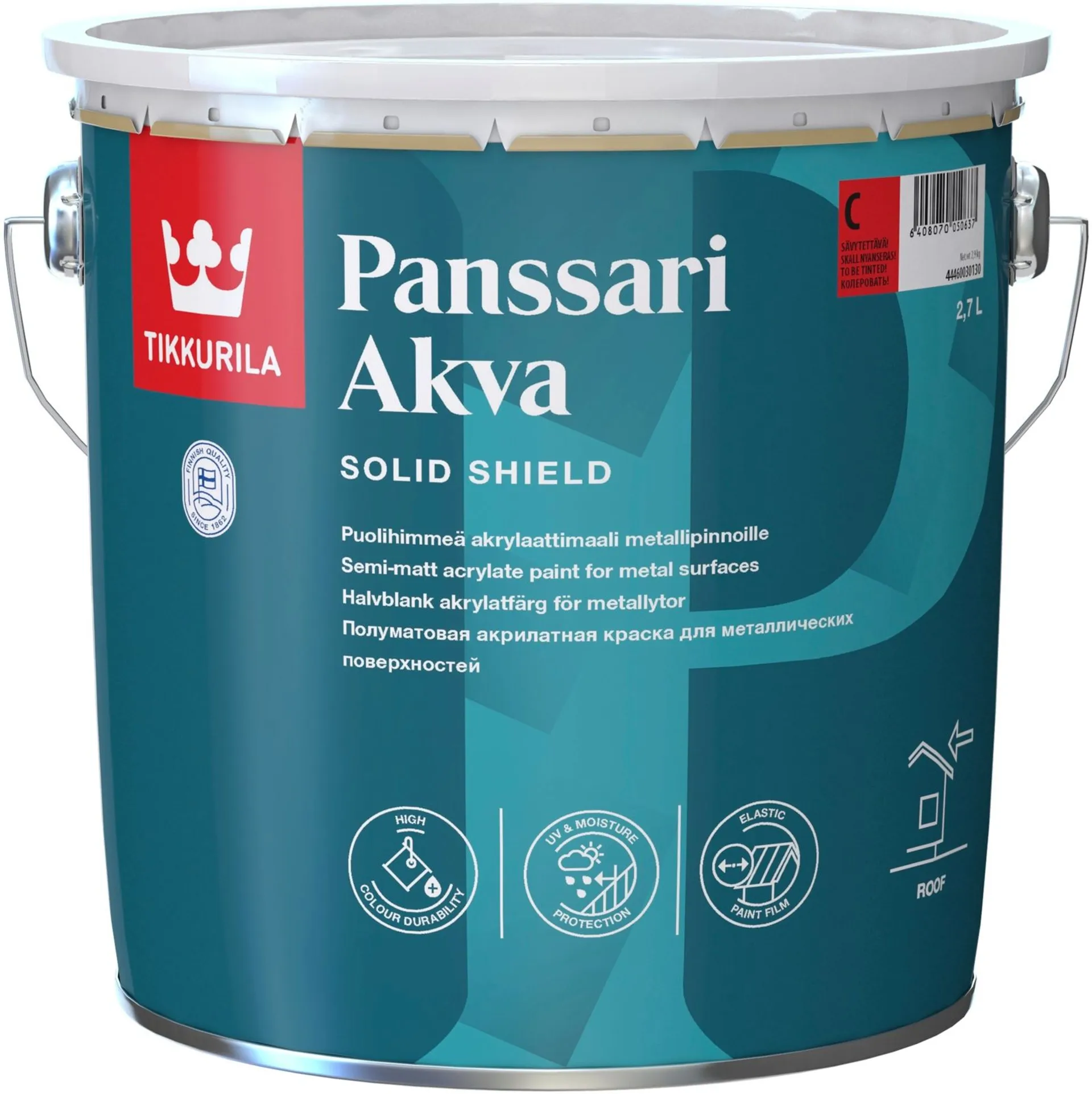 Tikkurila Panssari Akva akrylaattimaali metallipinnoille 2,7l A valkoinen sävytettävissä puolihimmeä