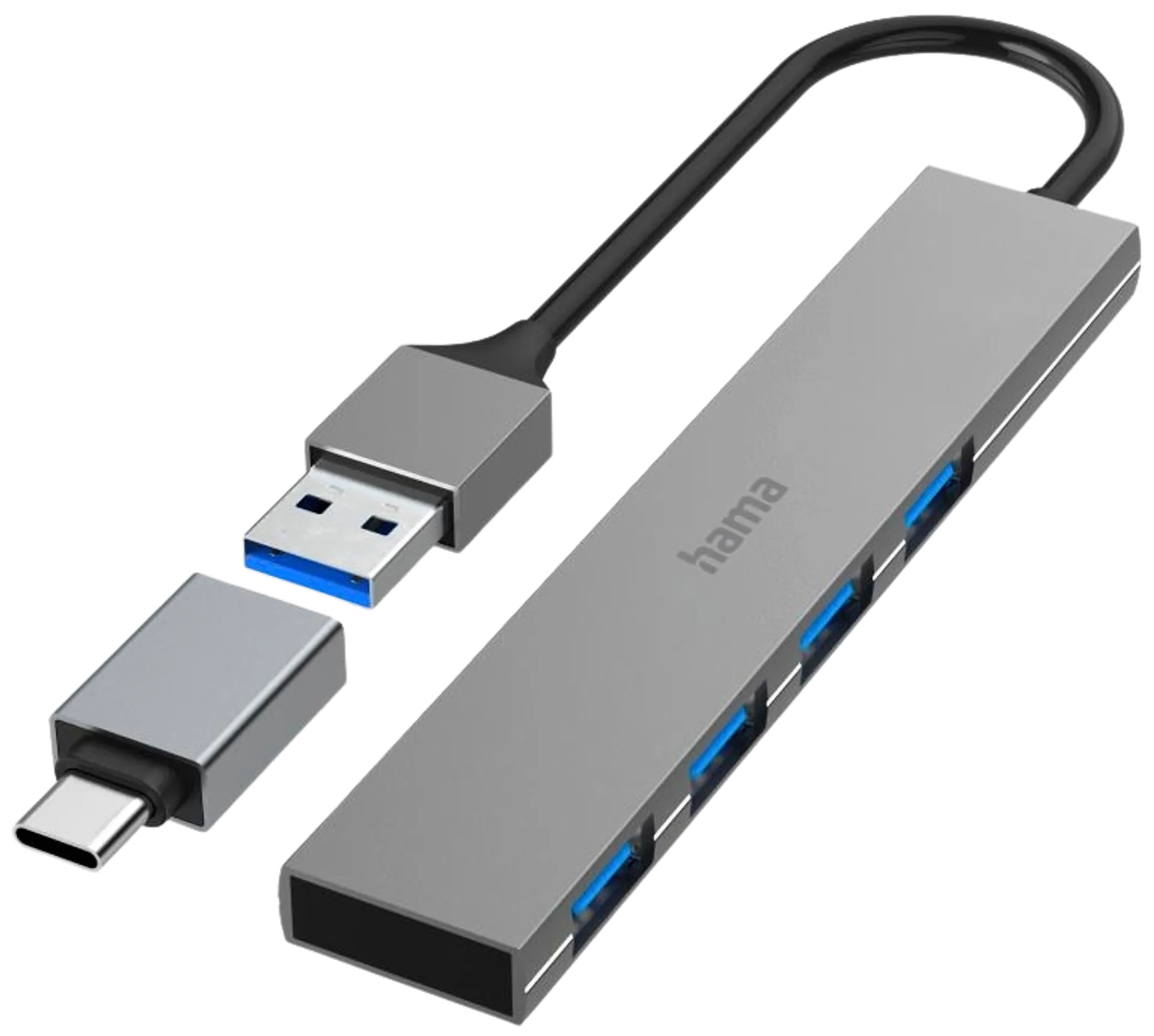 Hama USB-hubi, 4-porttinen, USB-A uros, USB-C adapteri, 4 x USB-A, USB 3.2 Gen 1, 5 Gbit/s, Ultra-slim, 0,15 m - 1