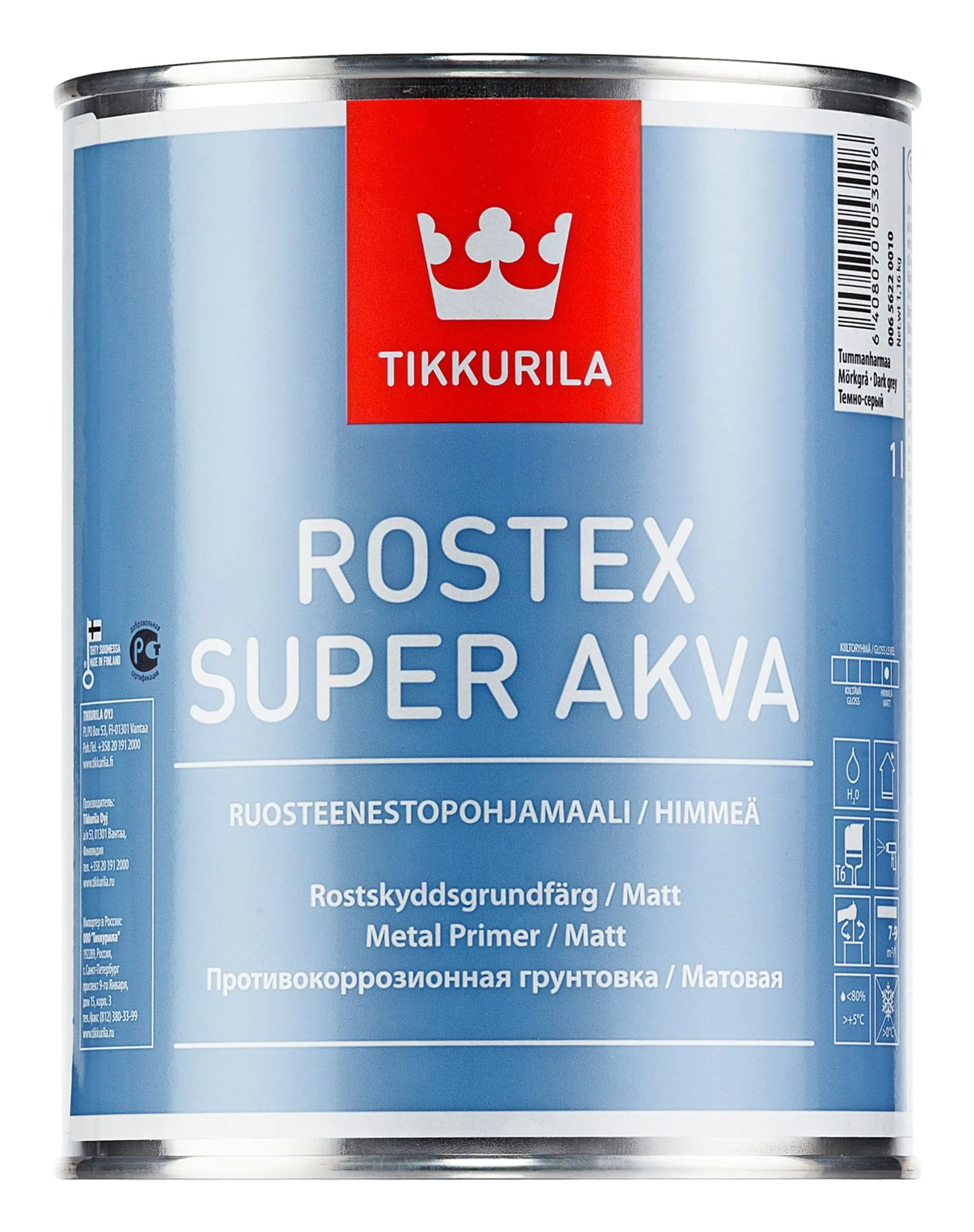 Tikkurila Rostex Super Akva ruosteenestopohjamaali 1l vaaleanharmaa himmeä