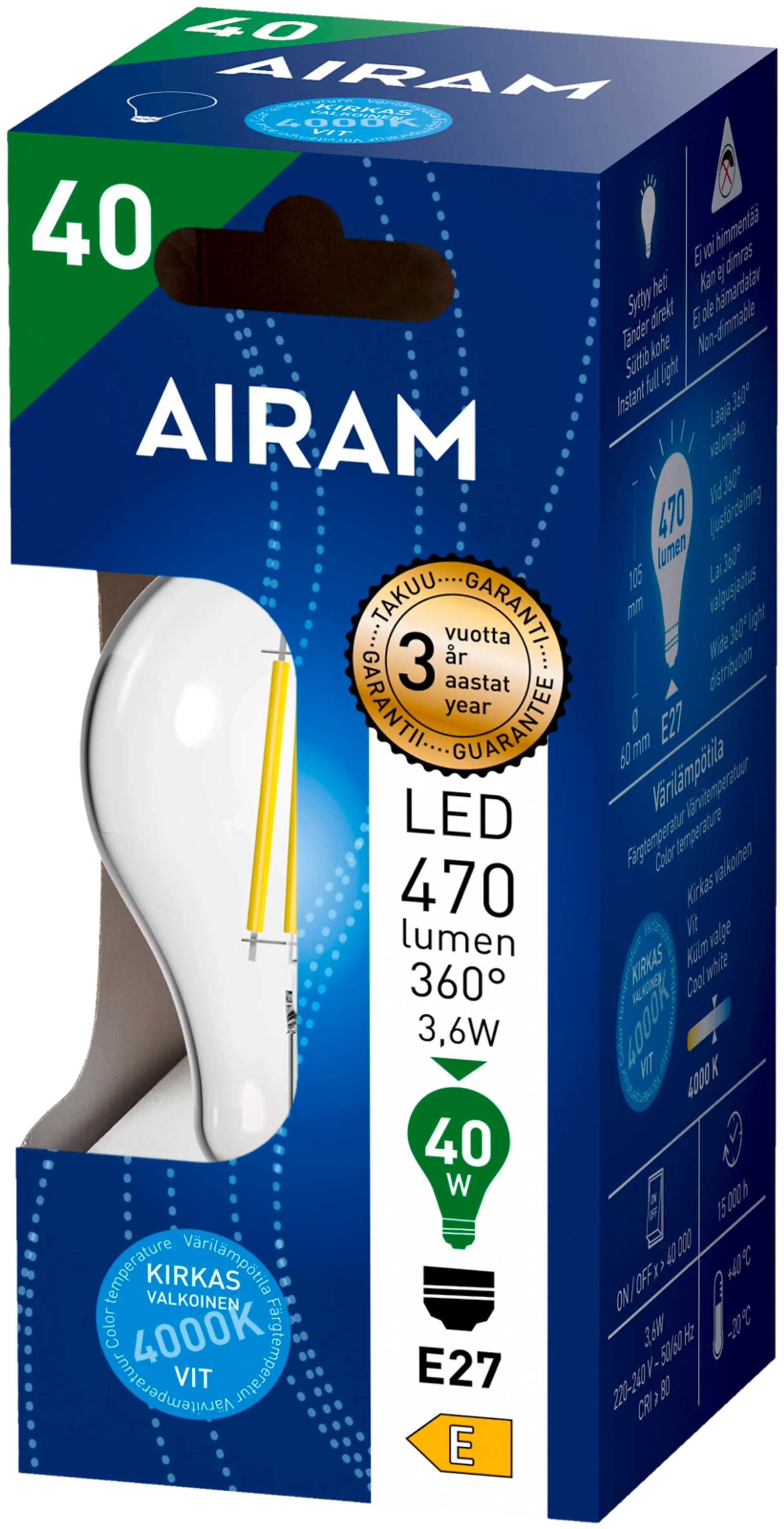 Airam LED Vakio 3,6W 470lm 4000K E27 kirkas - 2