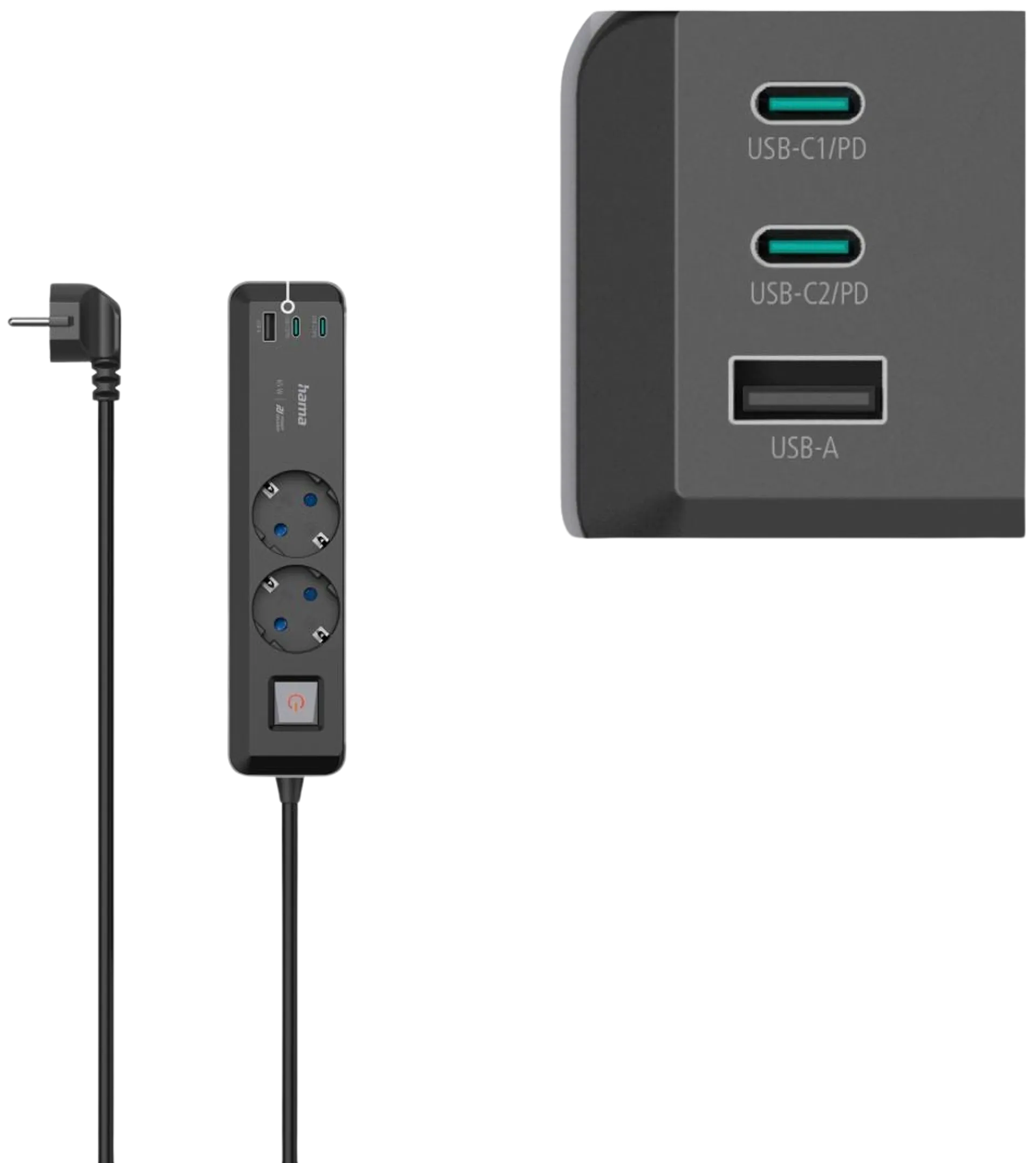 Hama Jatkojohto, 2-paikkainen, PowerDelivery, USB-C/-A 65 W, kytkimellä, 1,4 m - 3