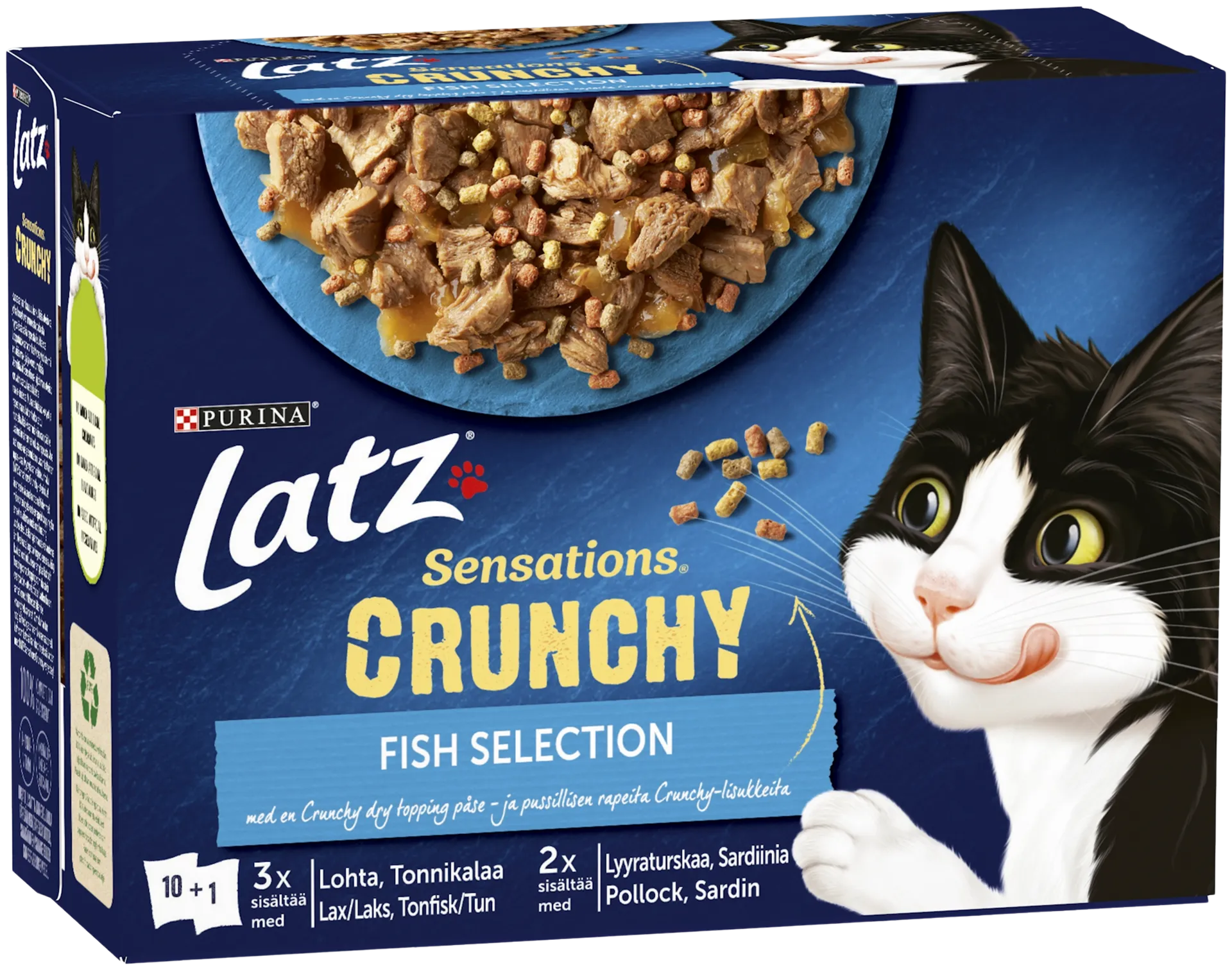 Latz Sensations Crunchy 10x85g+40g Fish lajitelma hyytelössä 4 varianttia kissanruoka