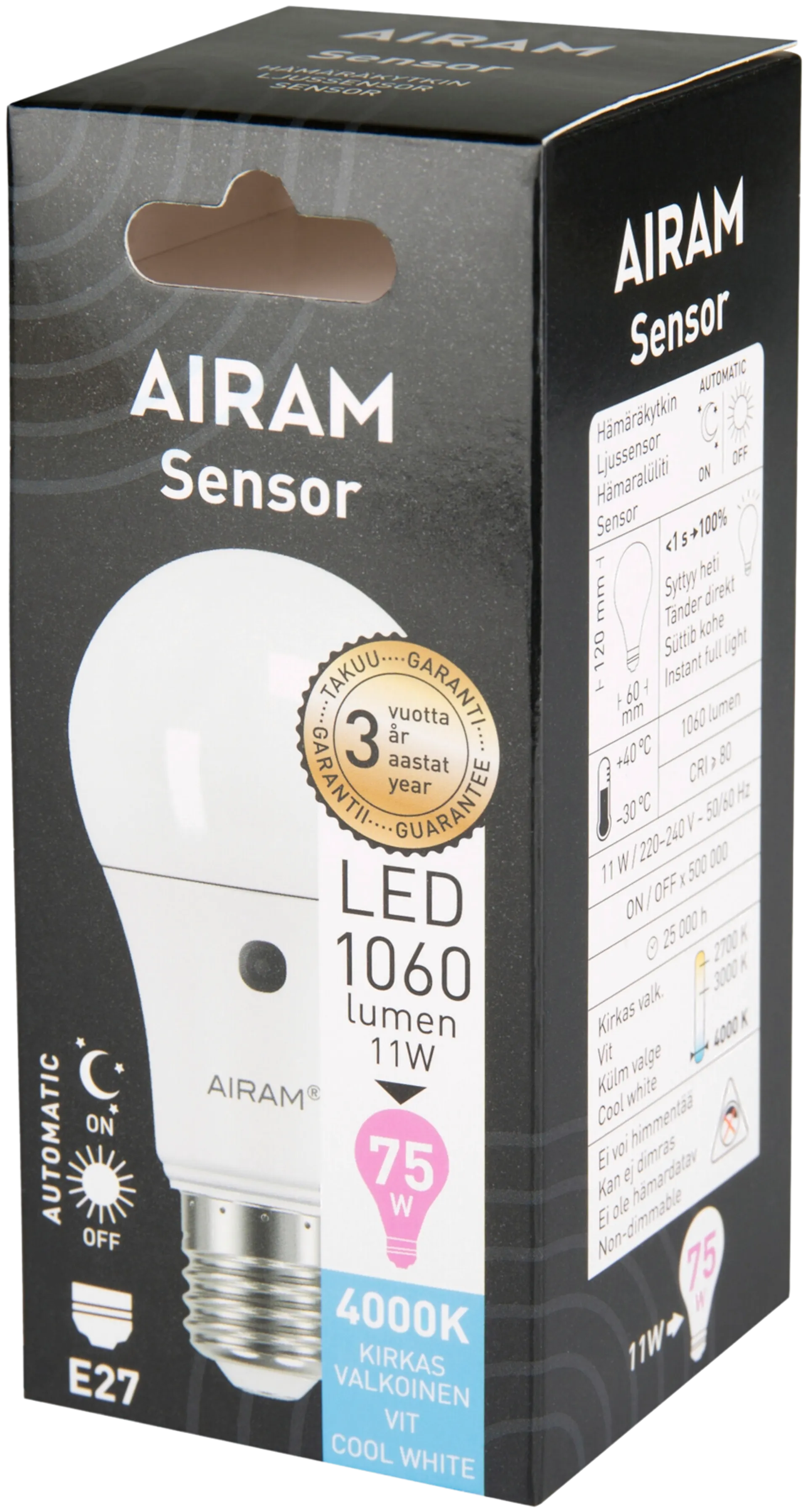 Airam Sensor Led vakio opaali 10.7W E27 1060lm 4000K, box - 2