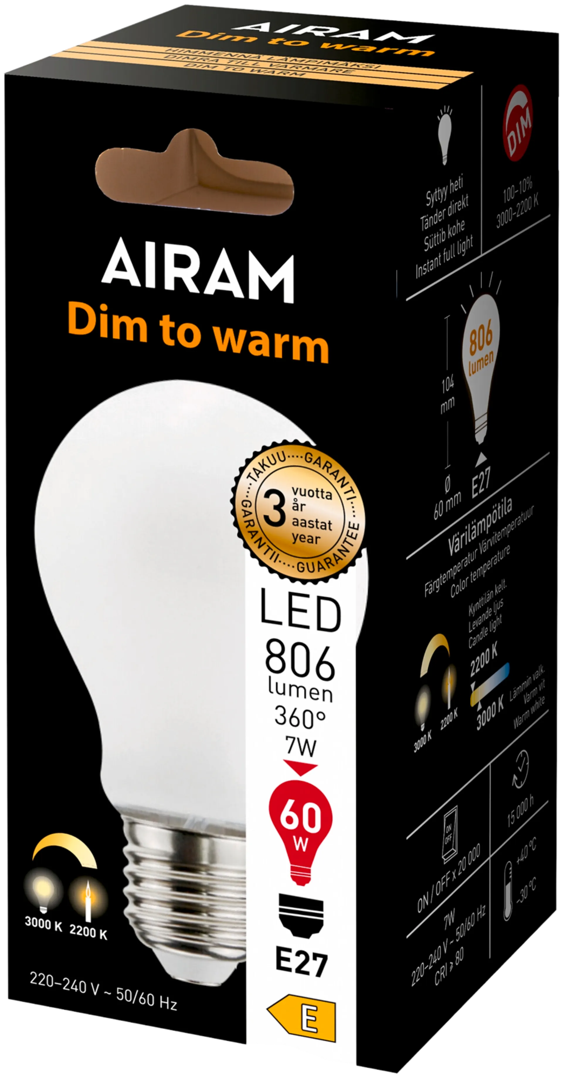 Airam LED vakio dim to warm 7W 806lm E27 - 2