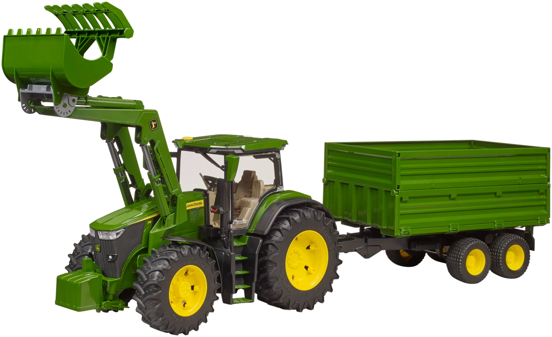 Bruder John Deere 7R 350 traktori etukuormaajalla ja perävaunulla - 4